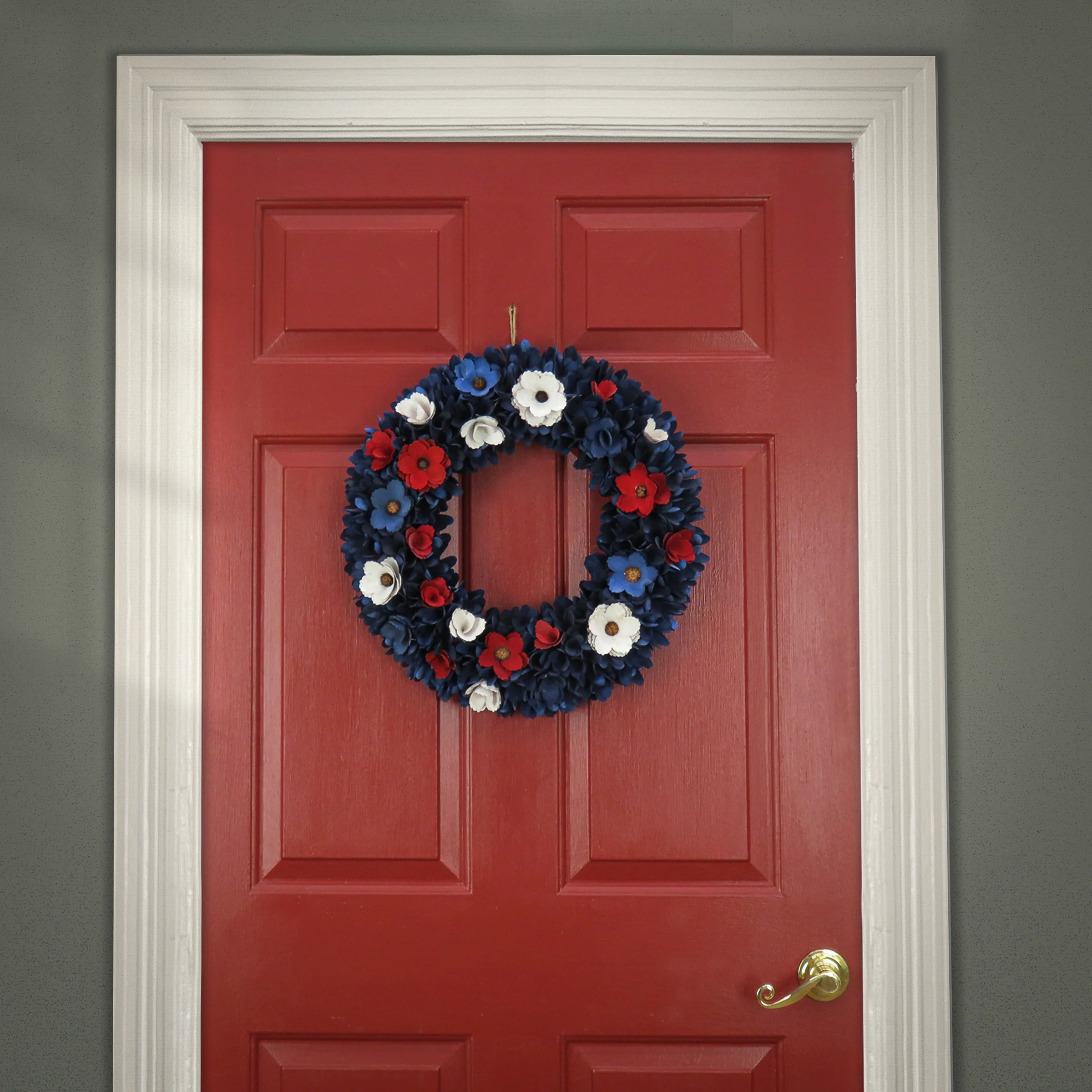 20 in. Patriotic Wreath Decoration with Red, White and Blue Flower Blooms, Blue Petals - Image 2