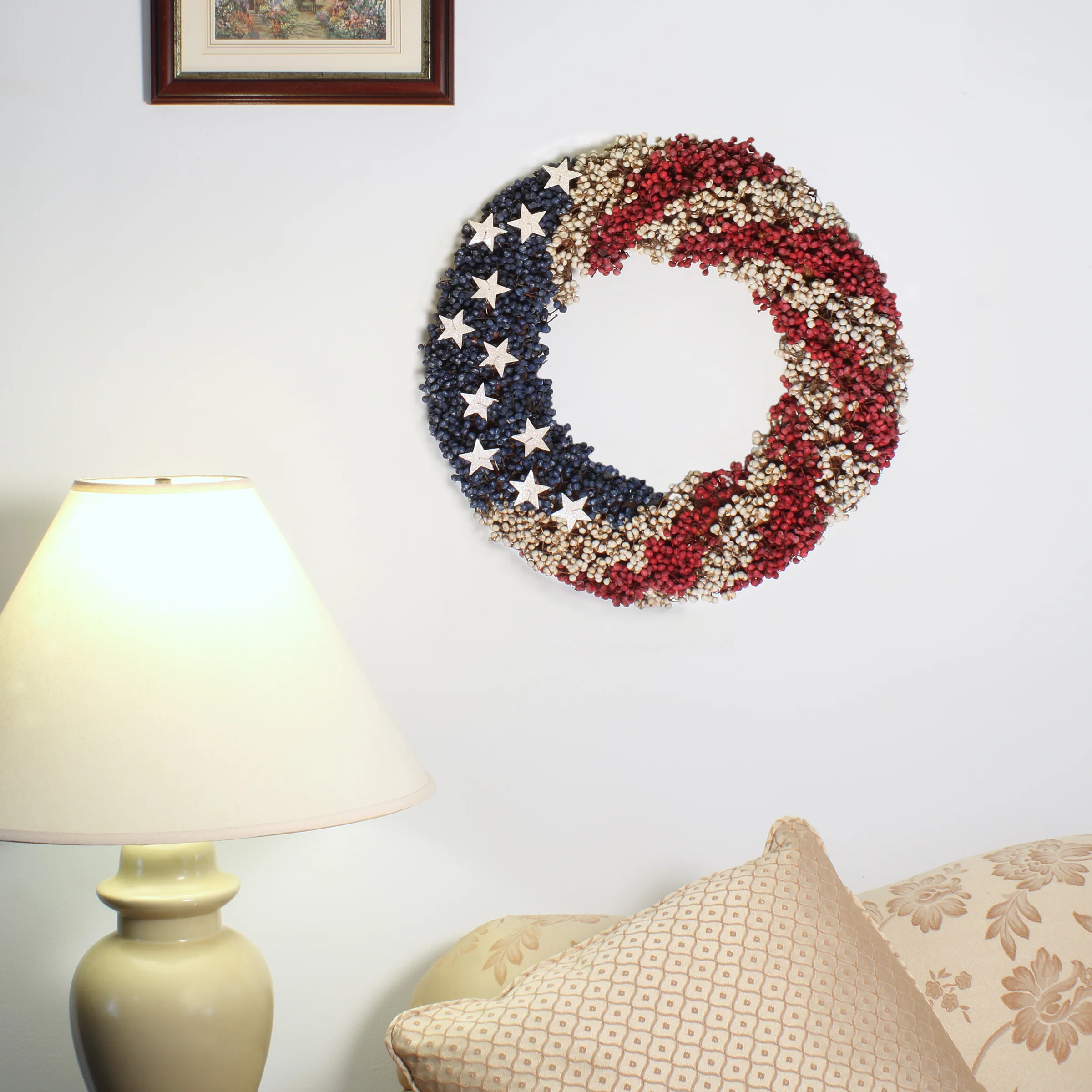 19 in. Patriotic Wreath with Red White and Blue Berry Clusters White Stars - Image 2