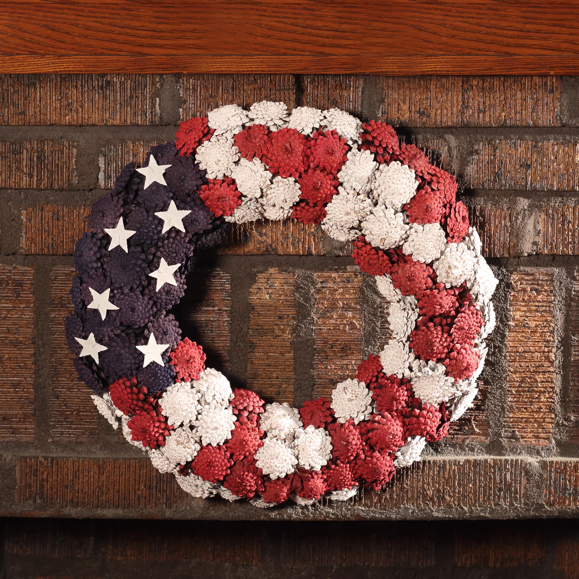 8 in. Patriotic Wreath with Red White and Blue Pine Cones White Stars - Image 2