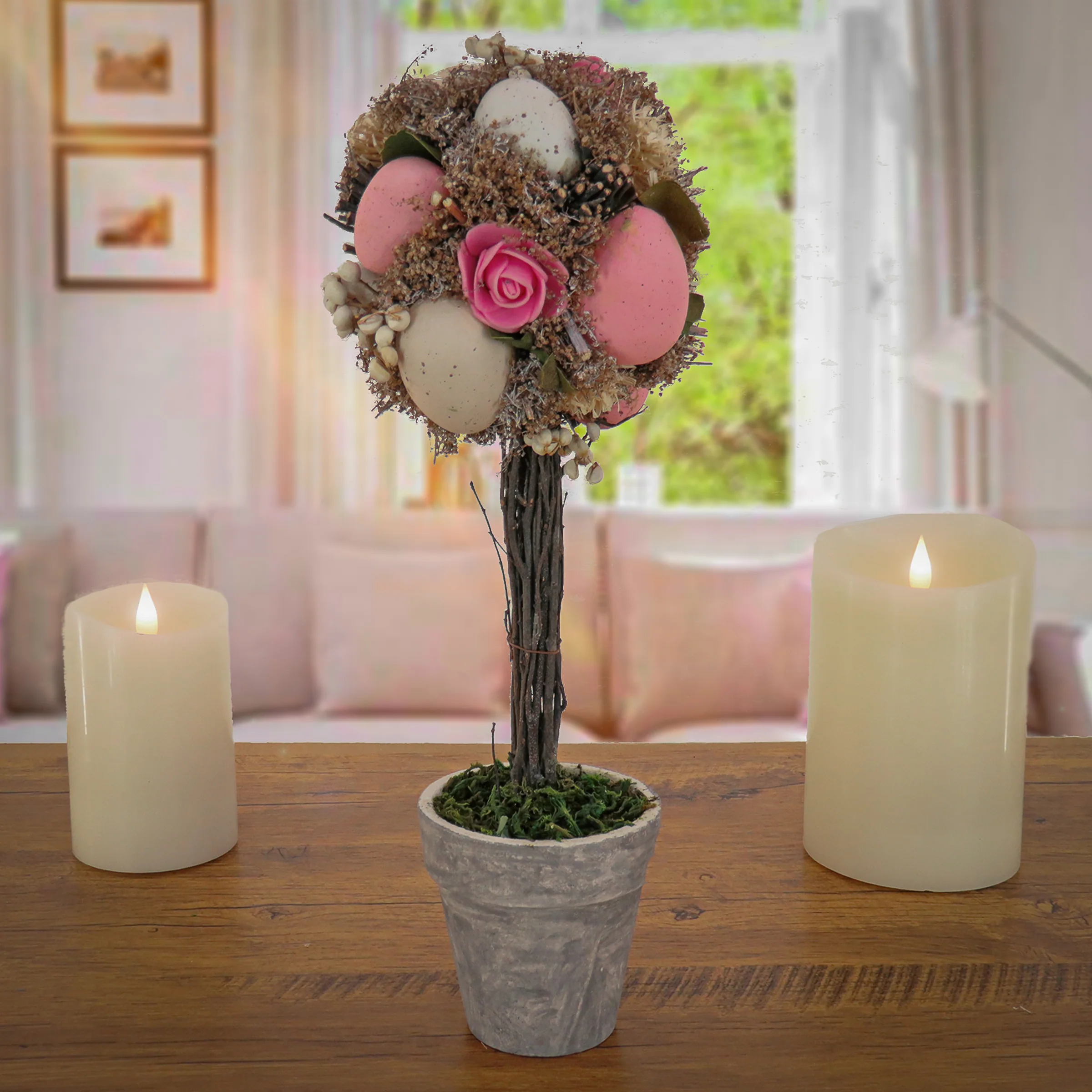 14 in. Easter Single Ball Topiary Potted Plant Decorated with Pastel Eggs - Image 2