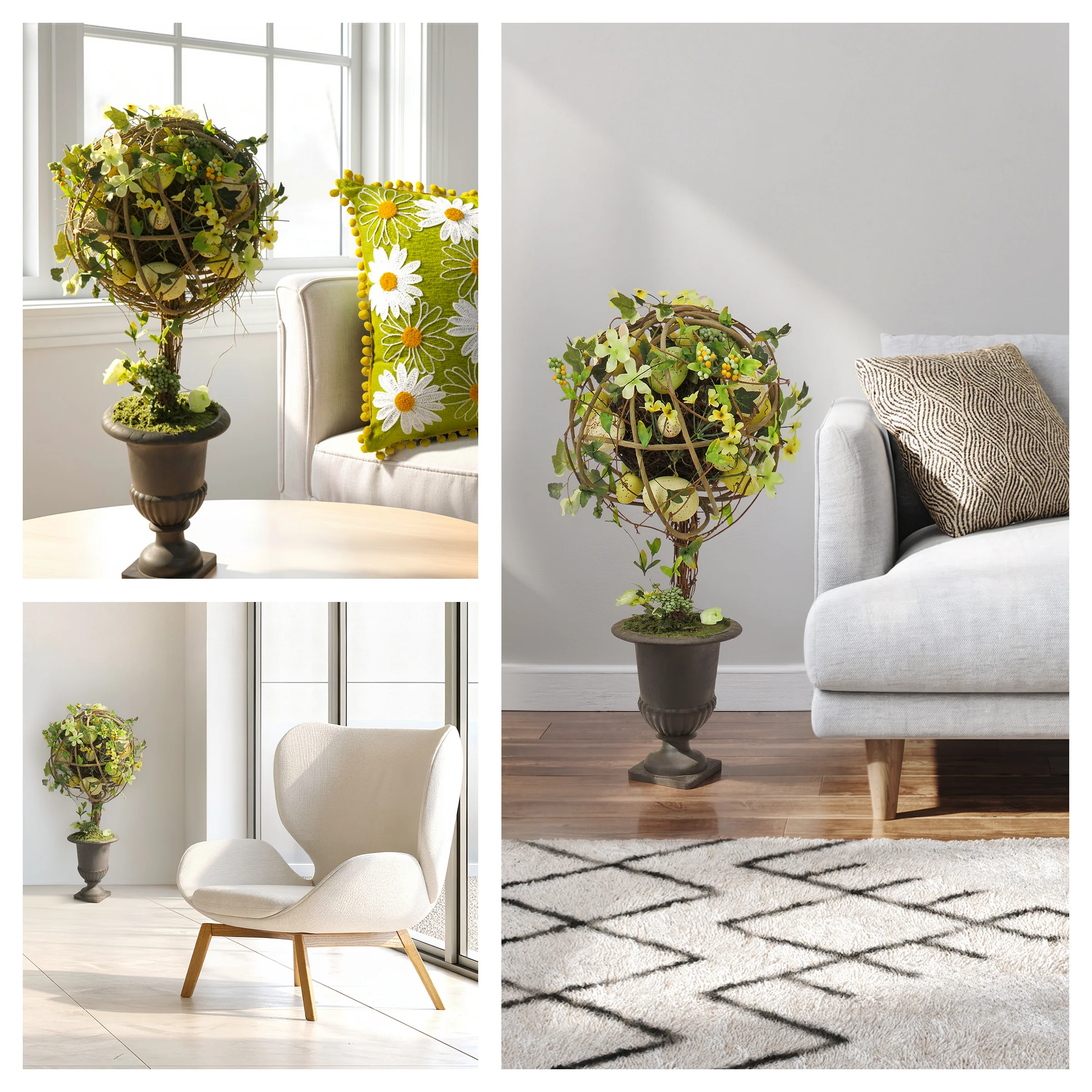 26 in. Easter Single Topiary Ball with Flower Blooms and Pastel Eggs, Black Urn Base - Image 5