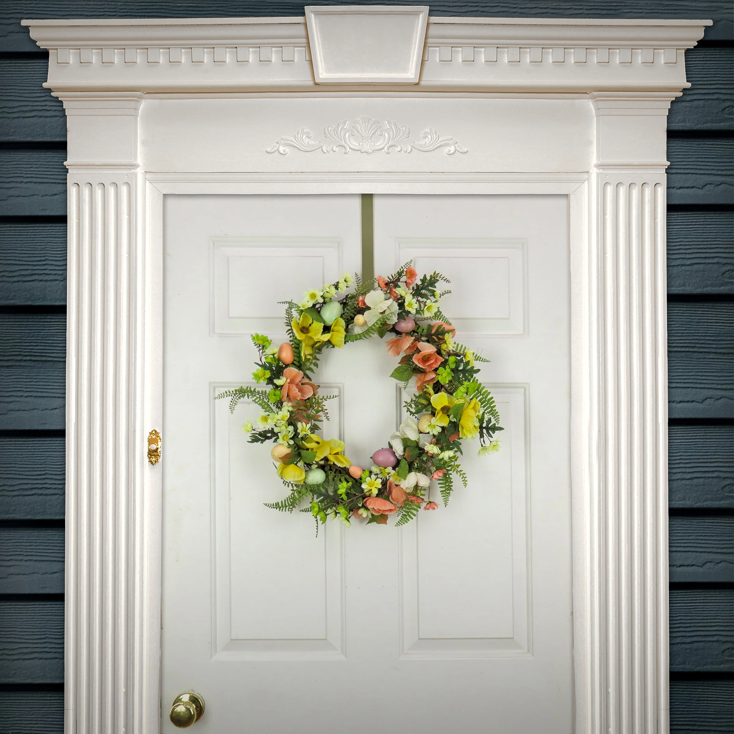 22 in. Easter Wreath Decorated with Colorful Pastel Eggs, Pink and Yellow Flowers, Ferns, Leafy Greens - Image 2