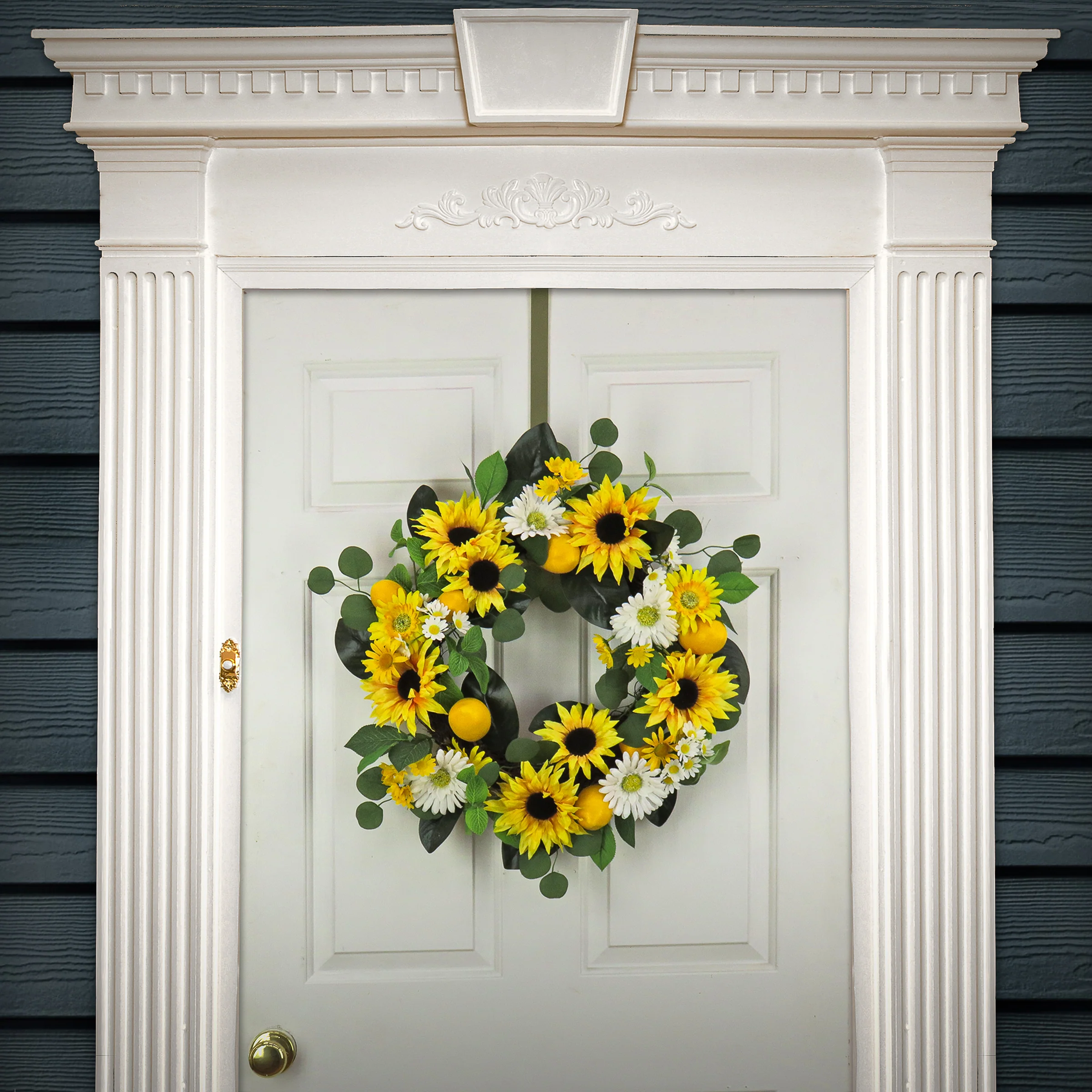 24 in. Spring Wreath with Daisy and Sunflower Blooms, Lemons, Leafy Greens - Image 2