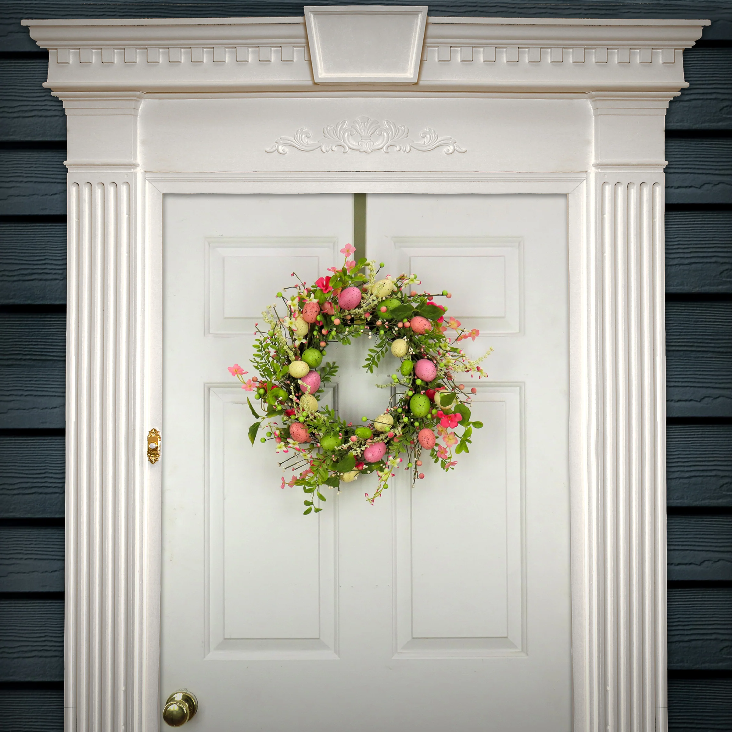 20 in. Easter Wreath Decorated with Pink Flower Blooms and Pastel Eggs - Image 2