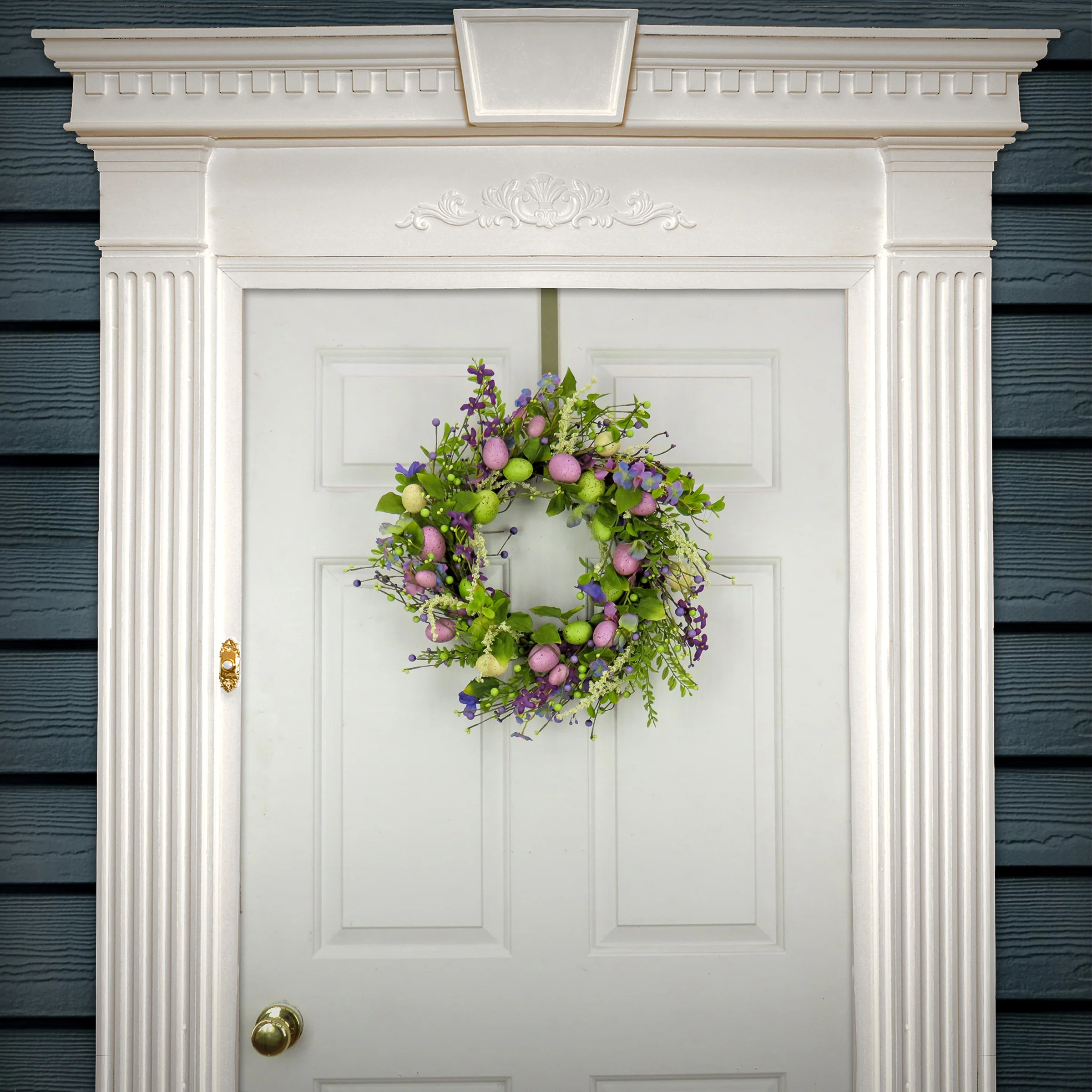 20 in. Easter  Wreath Decorated with Purple Flower Blooms and Pastel Eggs - Image 2