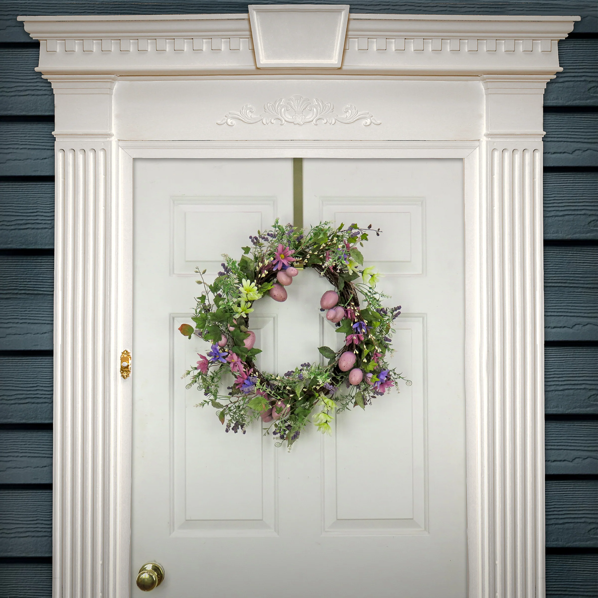 22 in. Easter Wreath Decorated with Purple Pastel Eggs, Pink Flowers, Leafy Greens - Image 2