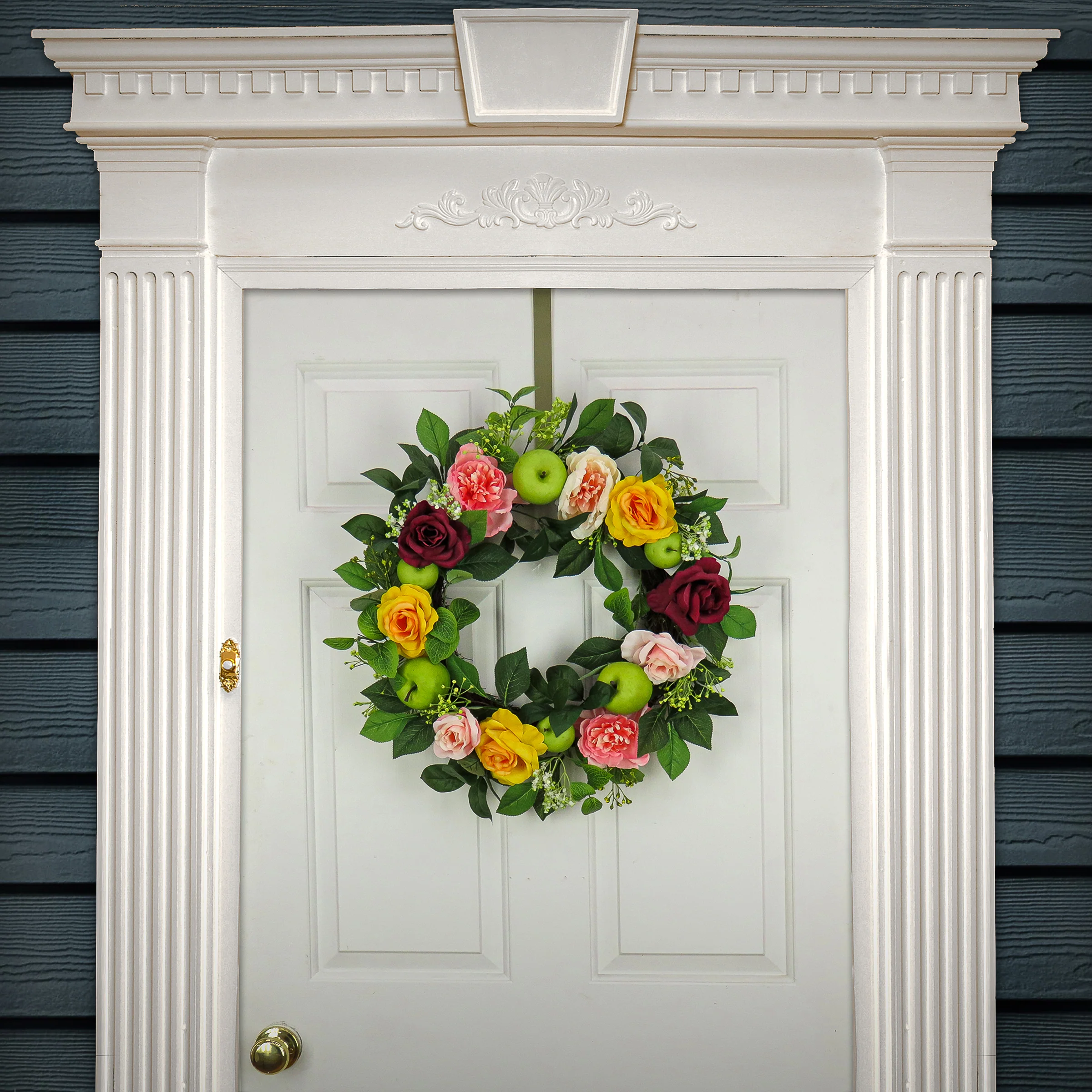 22 in. Spring Wreath with Rose and Peony Blooms, Apples, Leafy Greens - Image 2