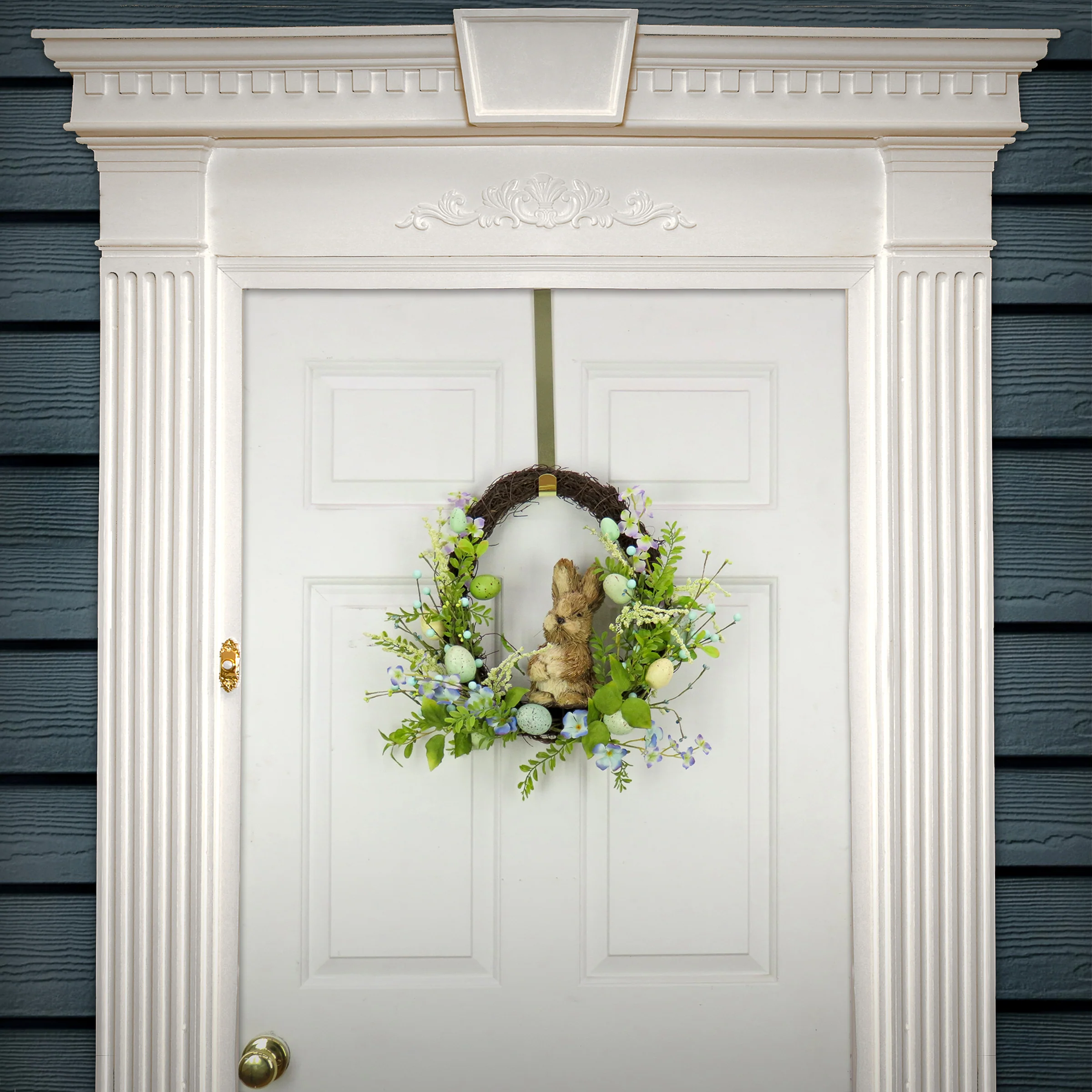 16 in. Easter Wreath Decorated with Wooden Bunny, Blue Flower Blooms, Pastel Eggs, Berries - Image 2
