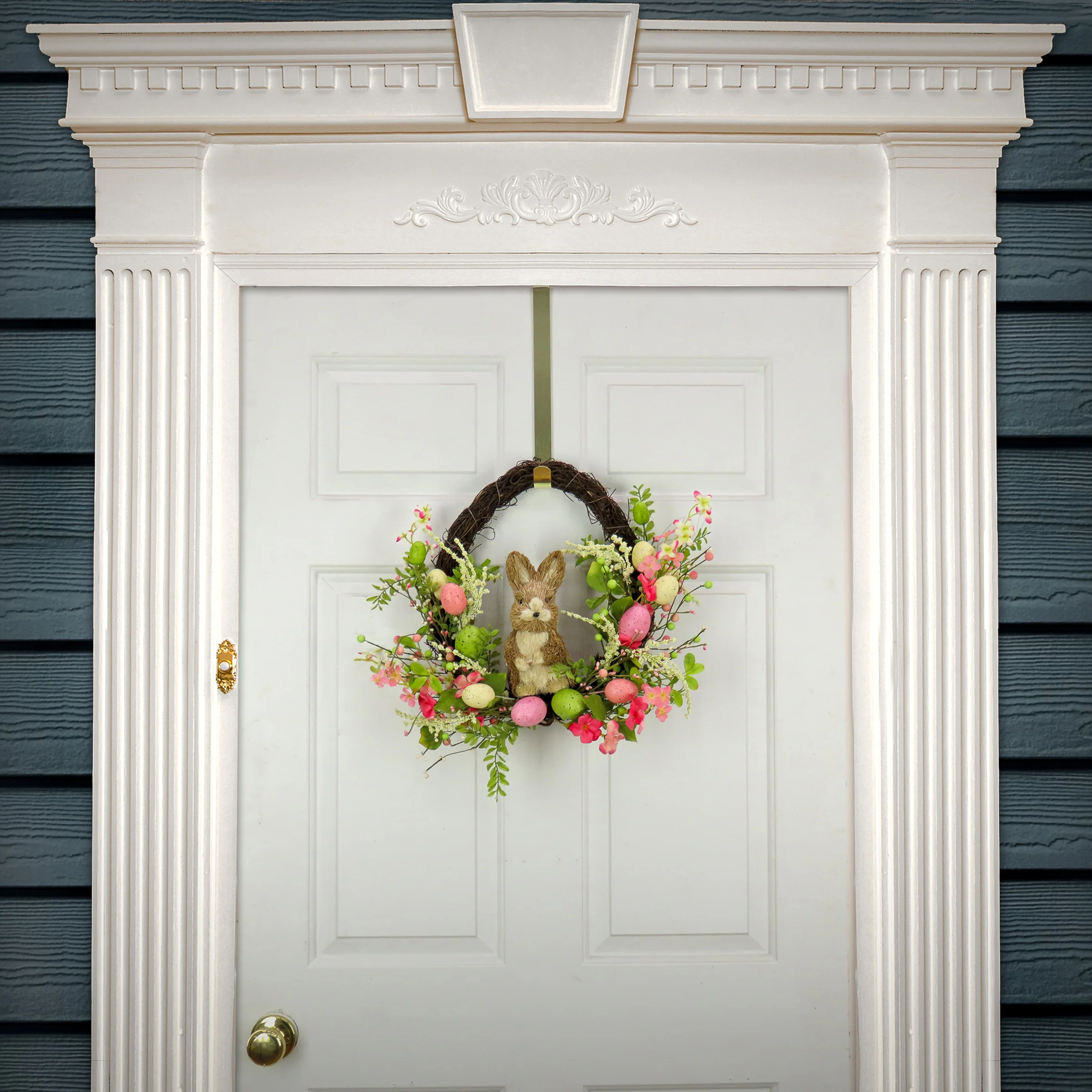 16 in. Easter Wreath Decorated with Wooden Bunny, Pink Flower Blooms, Pastel Eggs - Image 2