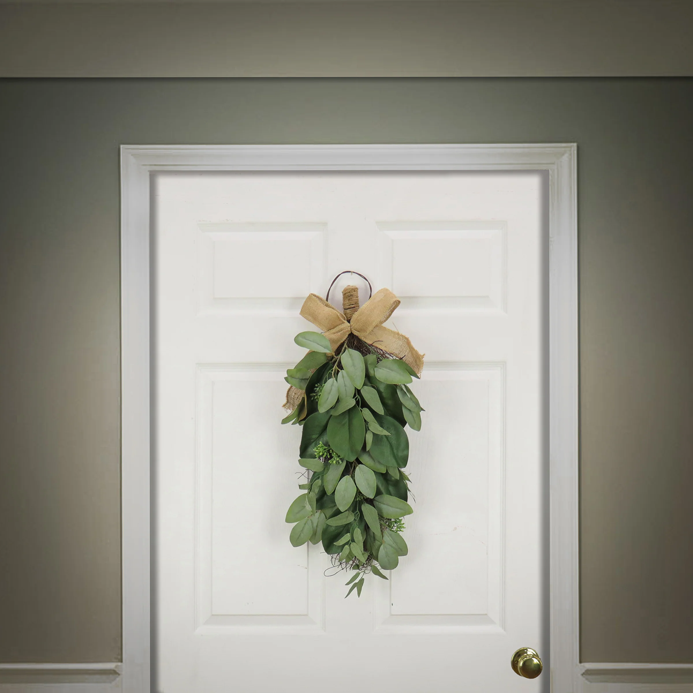 26 in. Spring Teardrop Wall Hanging Decoration with Eucalyptus Leaves, Magnolia Blooms, Flowing Green Stems - Image 2
