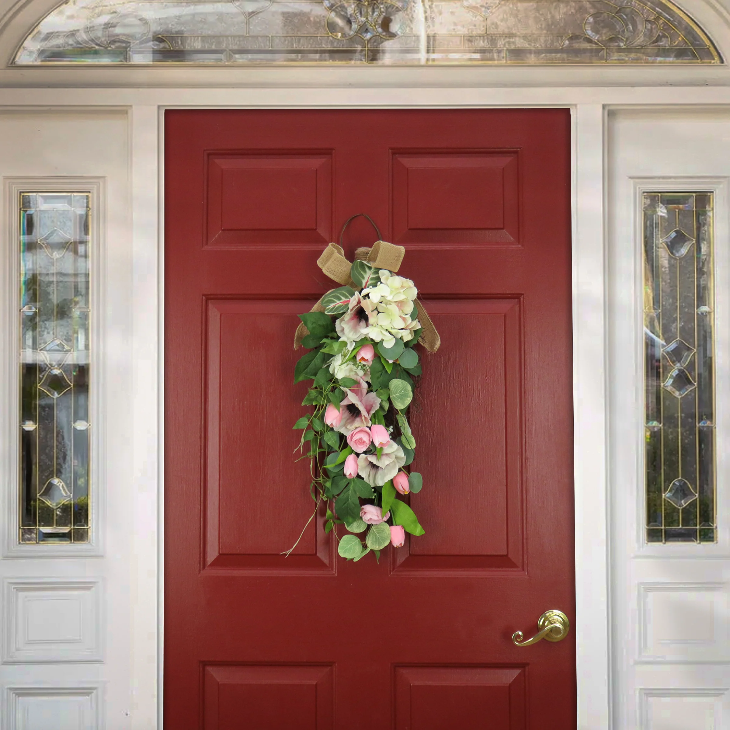 26 in. Spring Teardrop Wall Hanging Decoration with Hydrangea and Tulip Blooms, Eucalyptus Leaves, Flowing Green Stems - Image 2