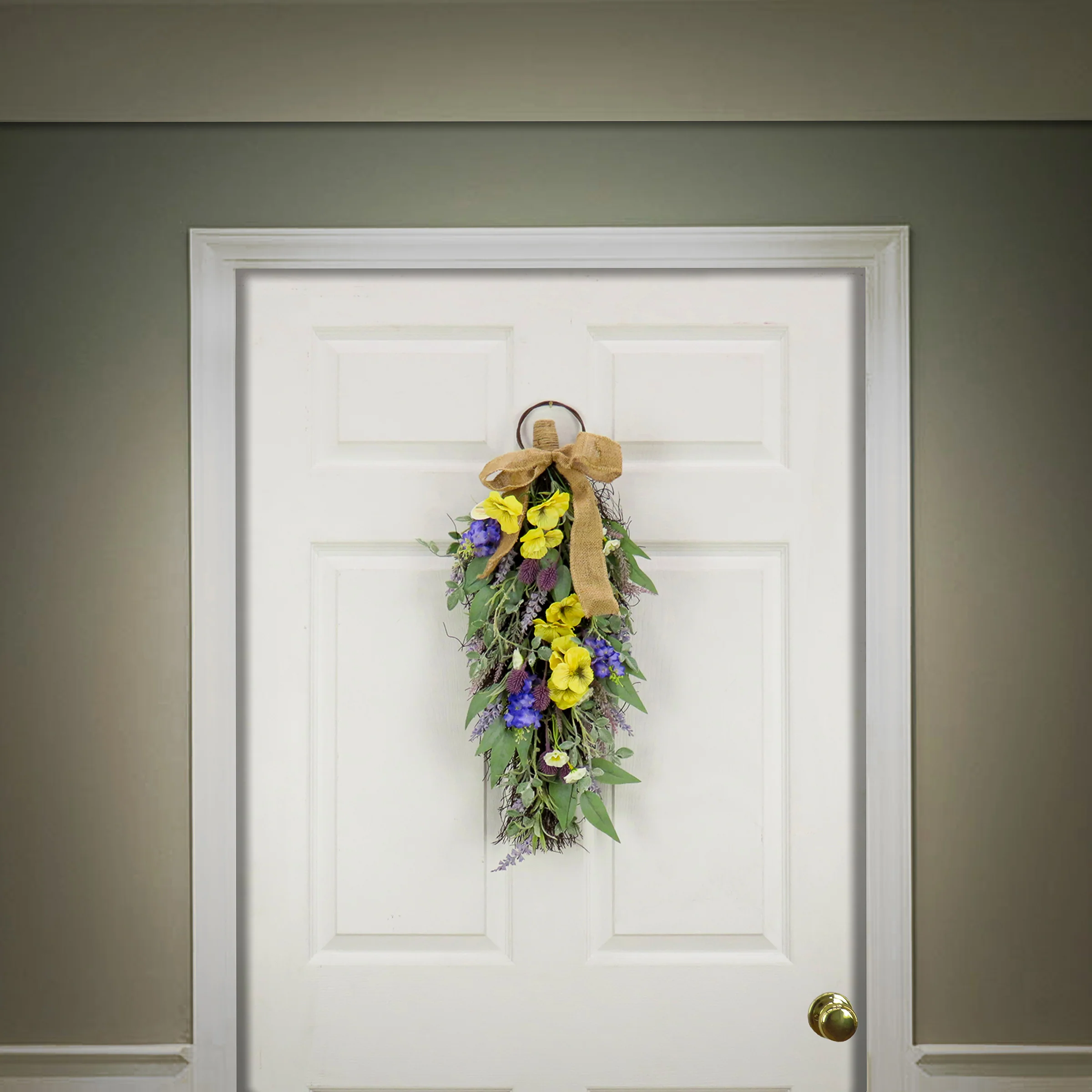 26 in. Spring Teardrop Wall Hanging Decoration with Pansy Blooms, Lavender, Assorted Blossoms, Flowing Green Stems - Image 2