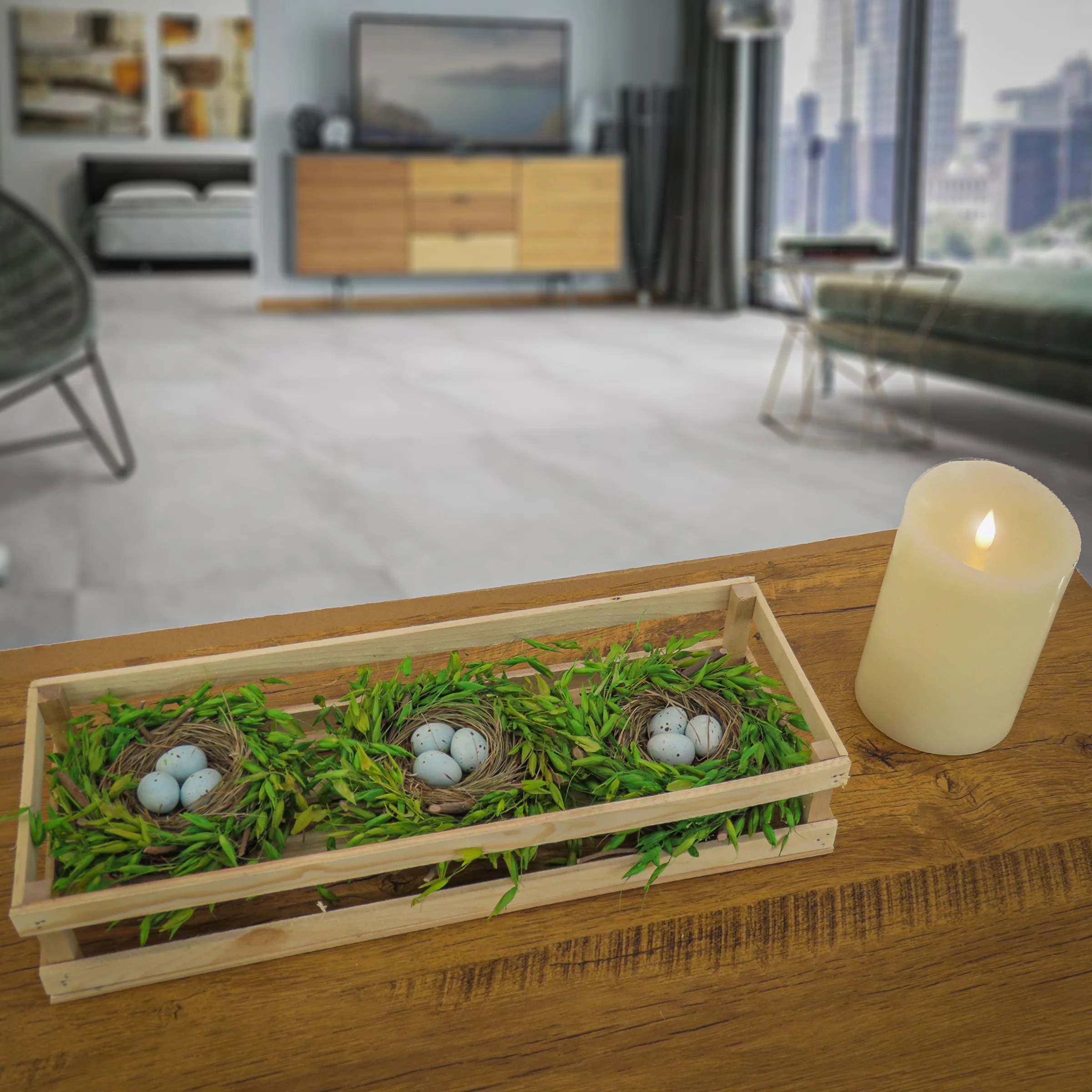 17 in. Easter Triple Nest Table Decoration with Wooden Box, Includes 3 Bird's Nests with Pastel Eggs - Image 2
