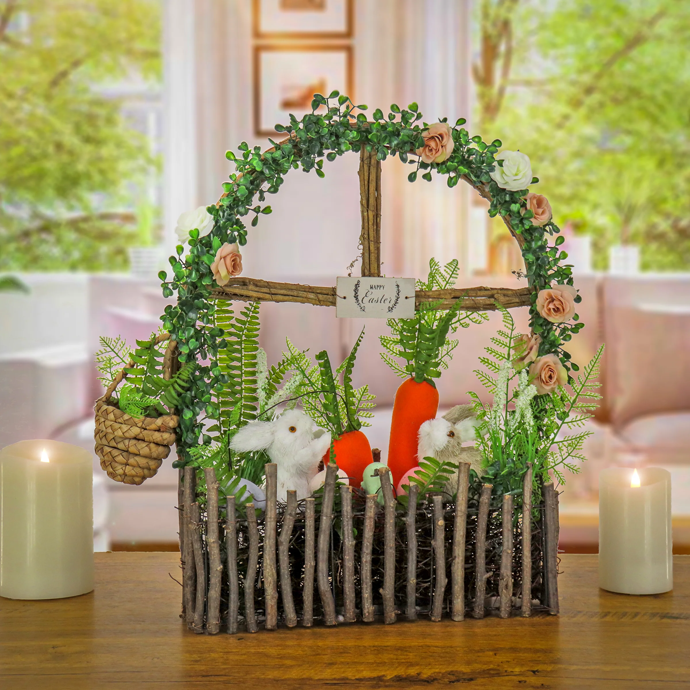 19 in. Easter Window Garden Pane Decoration Decorated with Bunnies, Carrots, Flower Blooms - Image 2