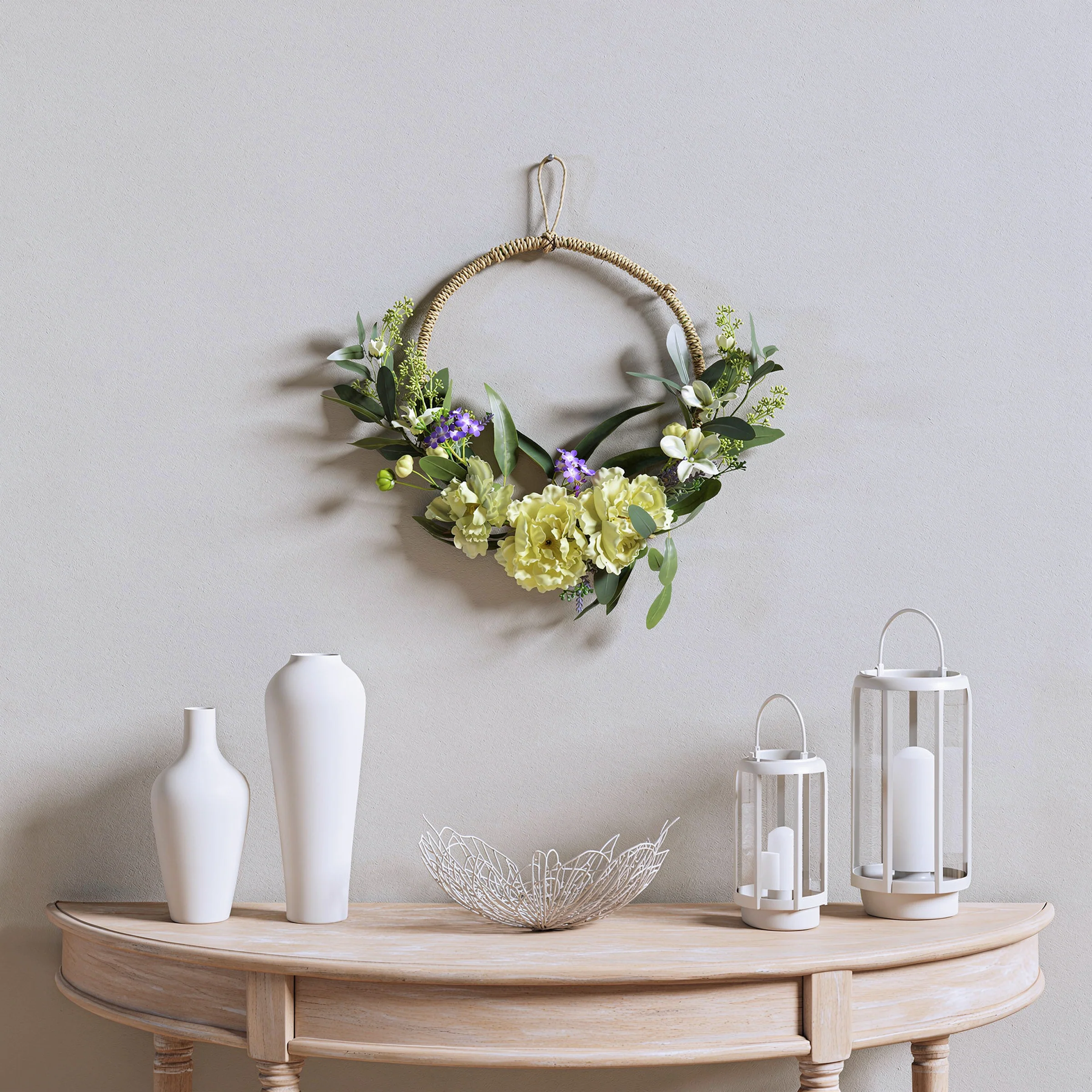 18 in. Spring Hoop Wreath with Peony Flower Blooms, Mini Blossoms, and Flowing Green Stems - Image 2