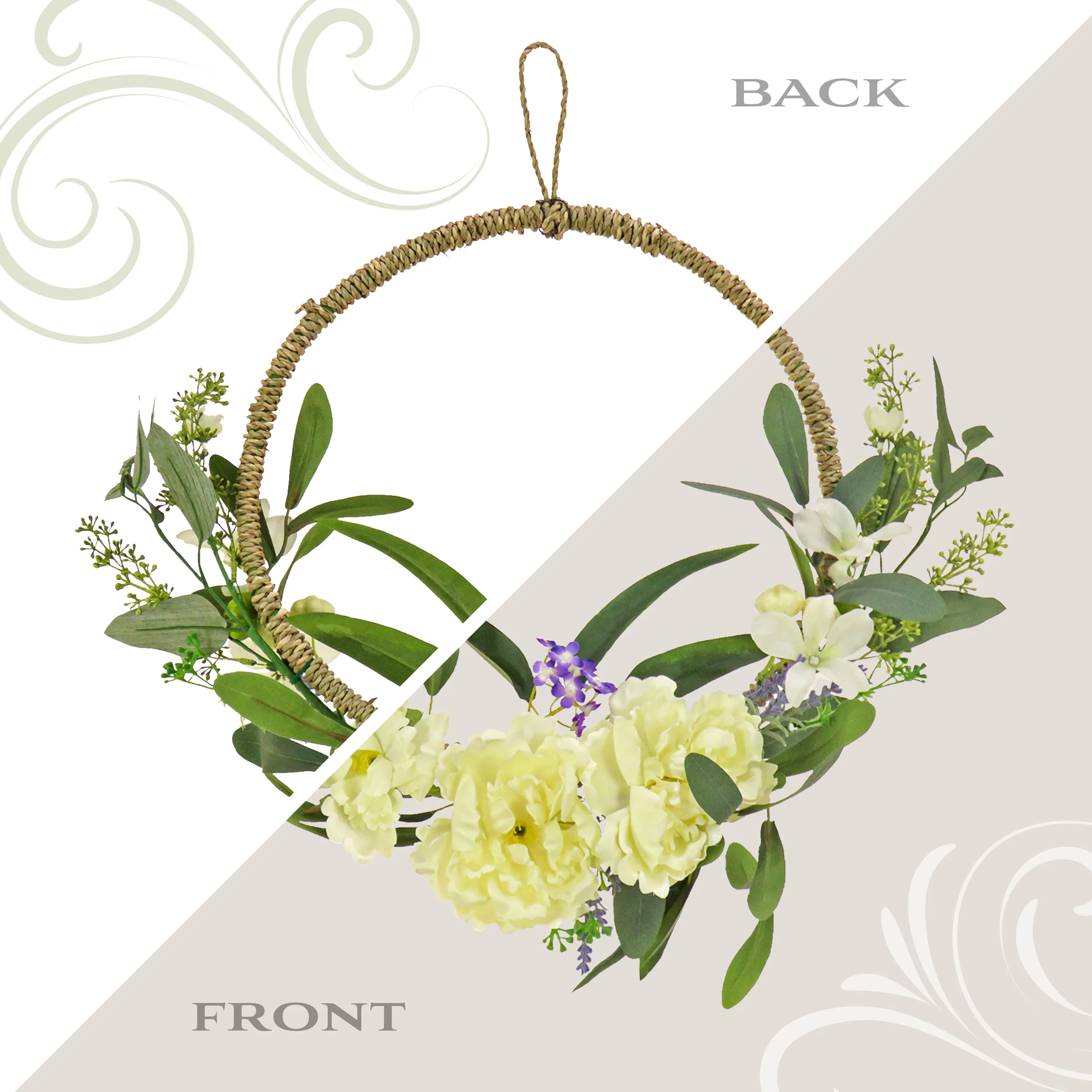 18 in. Spring Hoop Wreath with Peony Flower Blooms, Mini Blossoms, and Flowing Green Stems - Image 4