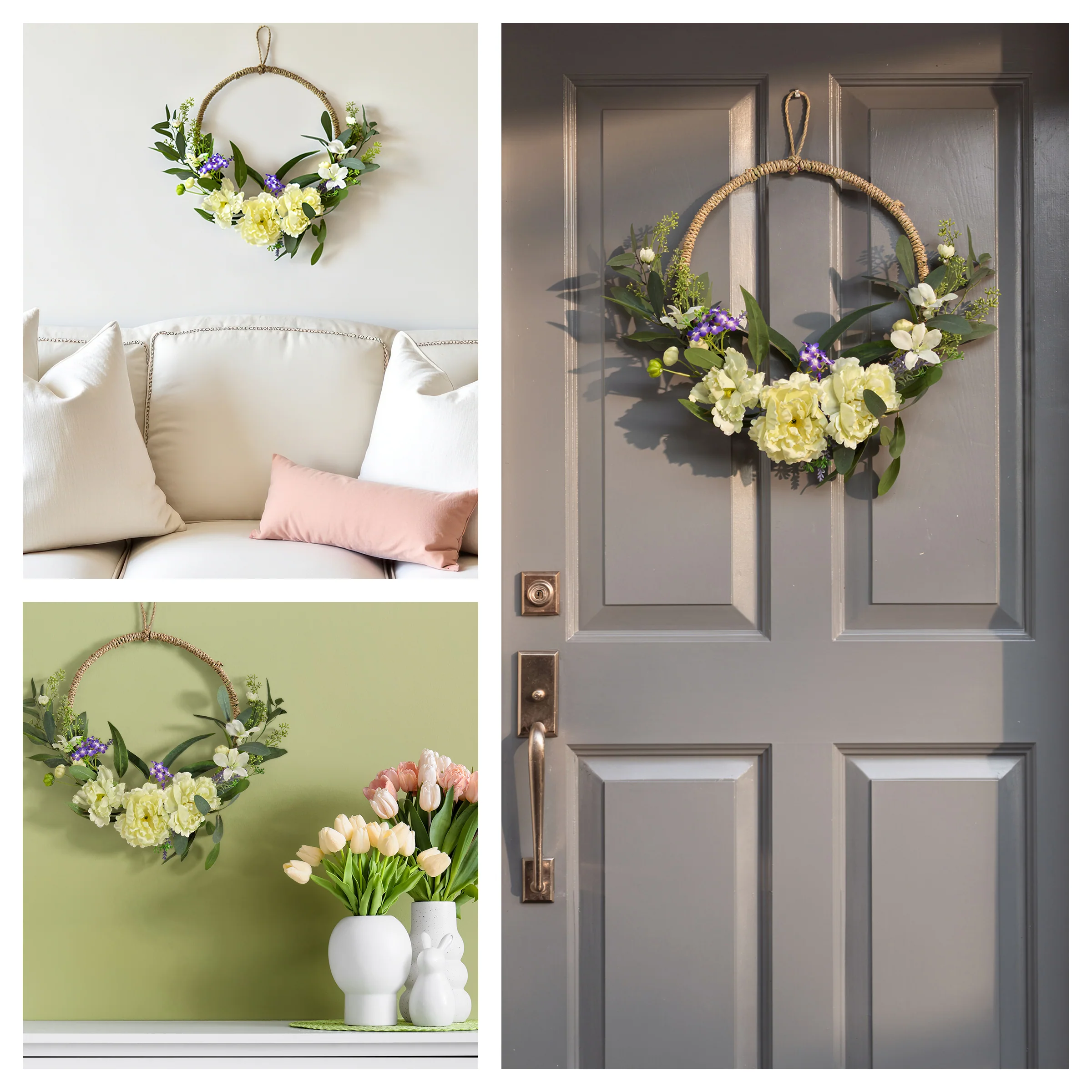 18 in. Spring Hoop Wreath with Peony Flower Blooms, Mini Blossoms, and Flowing Green Stems - Image 6