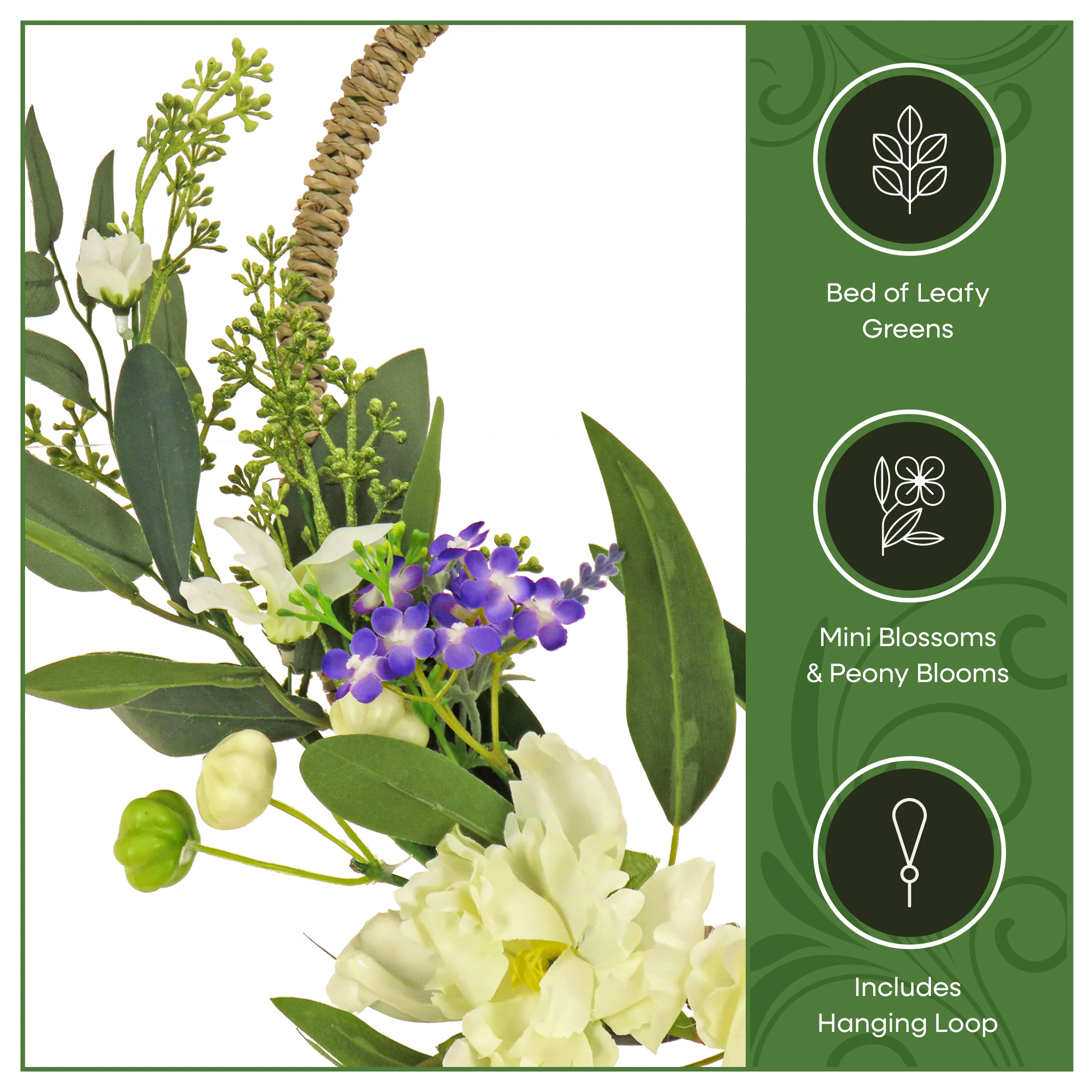 18 in. Spring Hoop Wreath with Peony Flower Blooms, Mini Blossoms, and Flowing Green Stems - Image 7