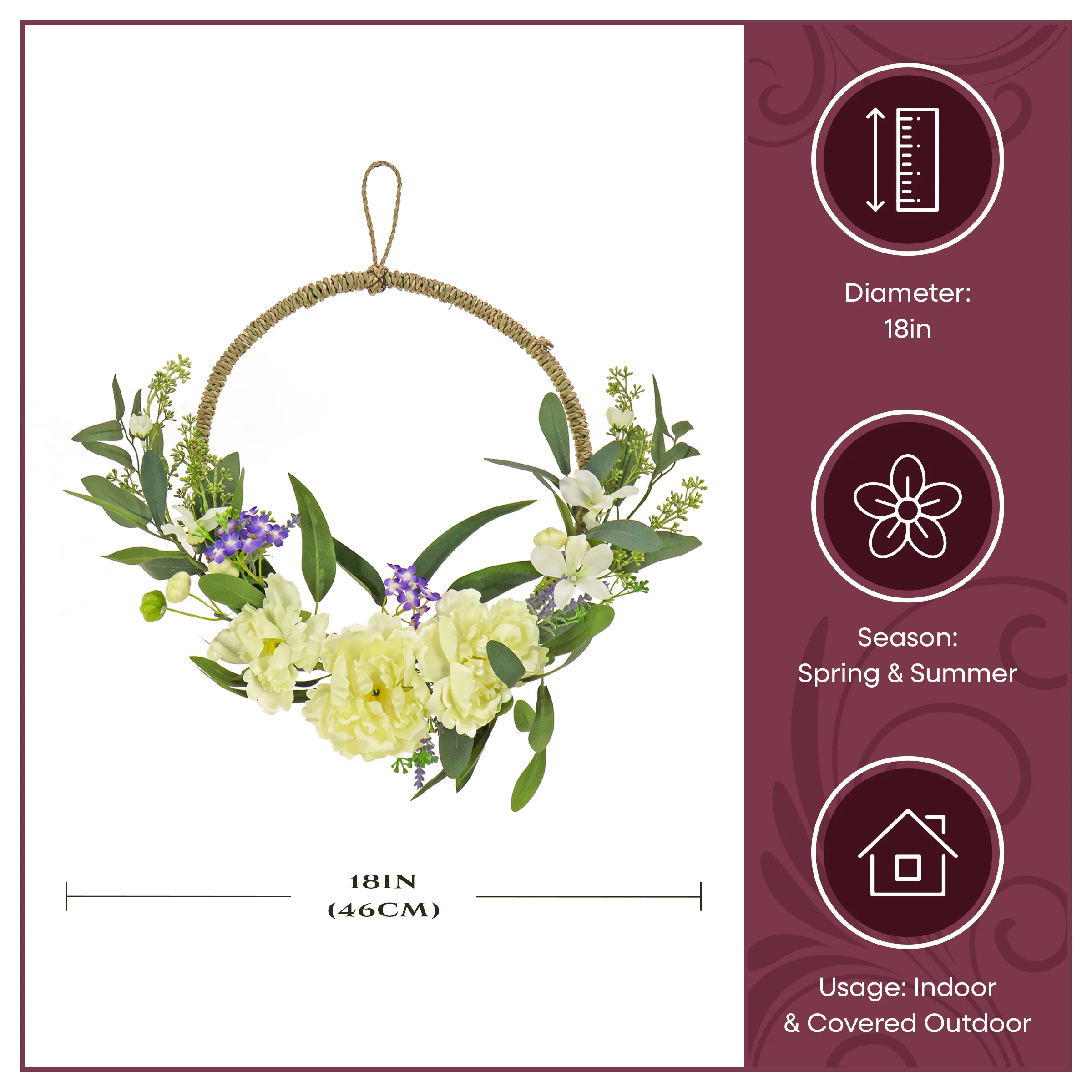 18 in. Spring Hoop Wreath with Peony Flower Blooms, Mini Blossoms, and Flowing Green Stems - Image 9