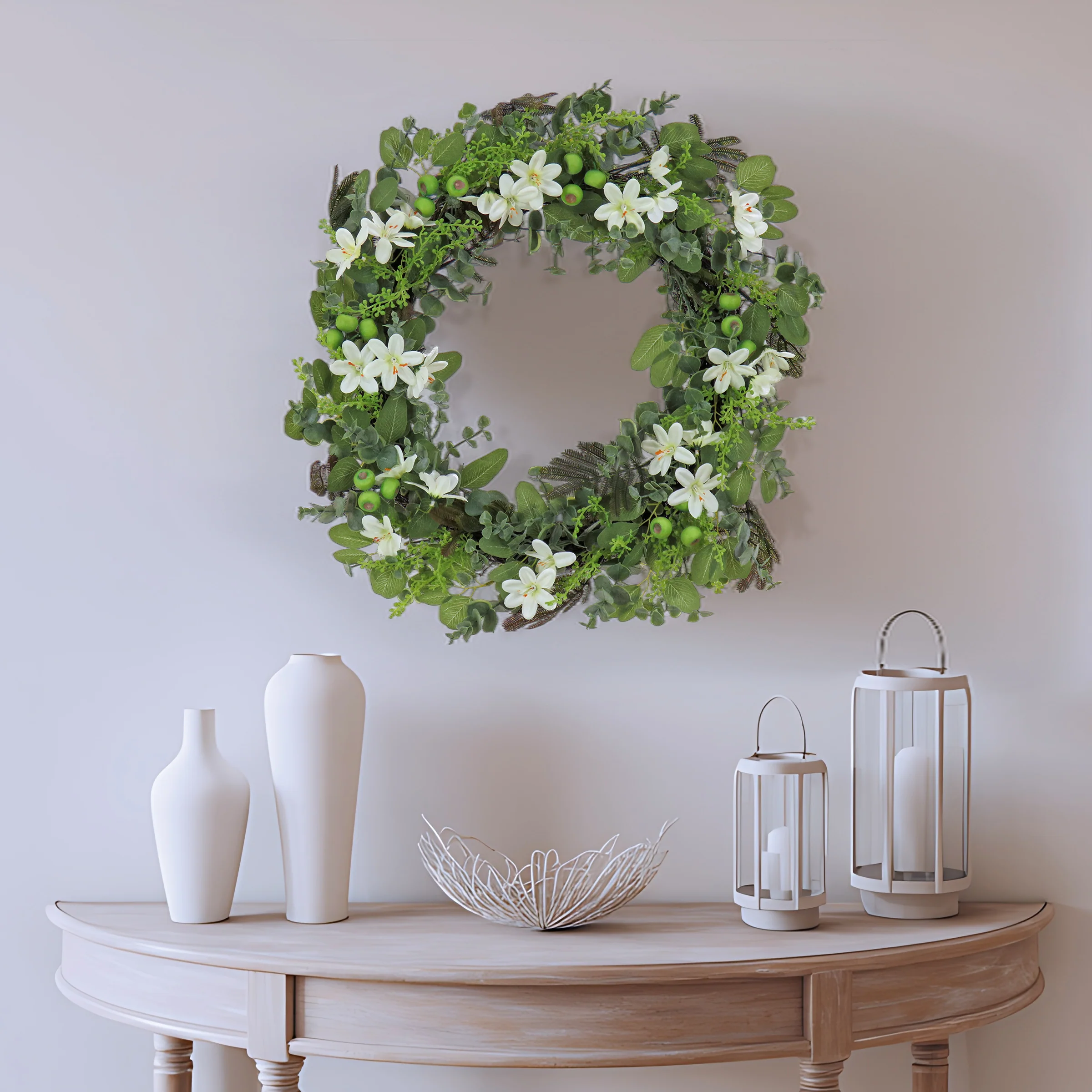 24 in. Spring Wreath with Mixed Flower Blooms and Flowing Green Stems - Image 2