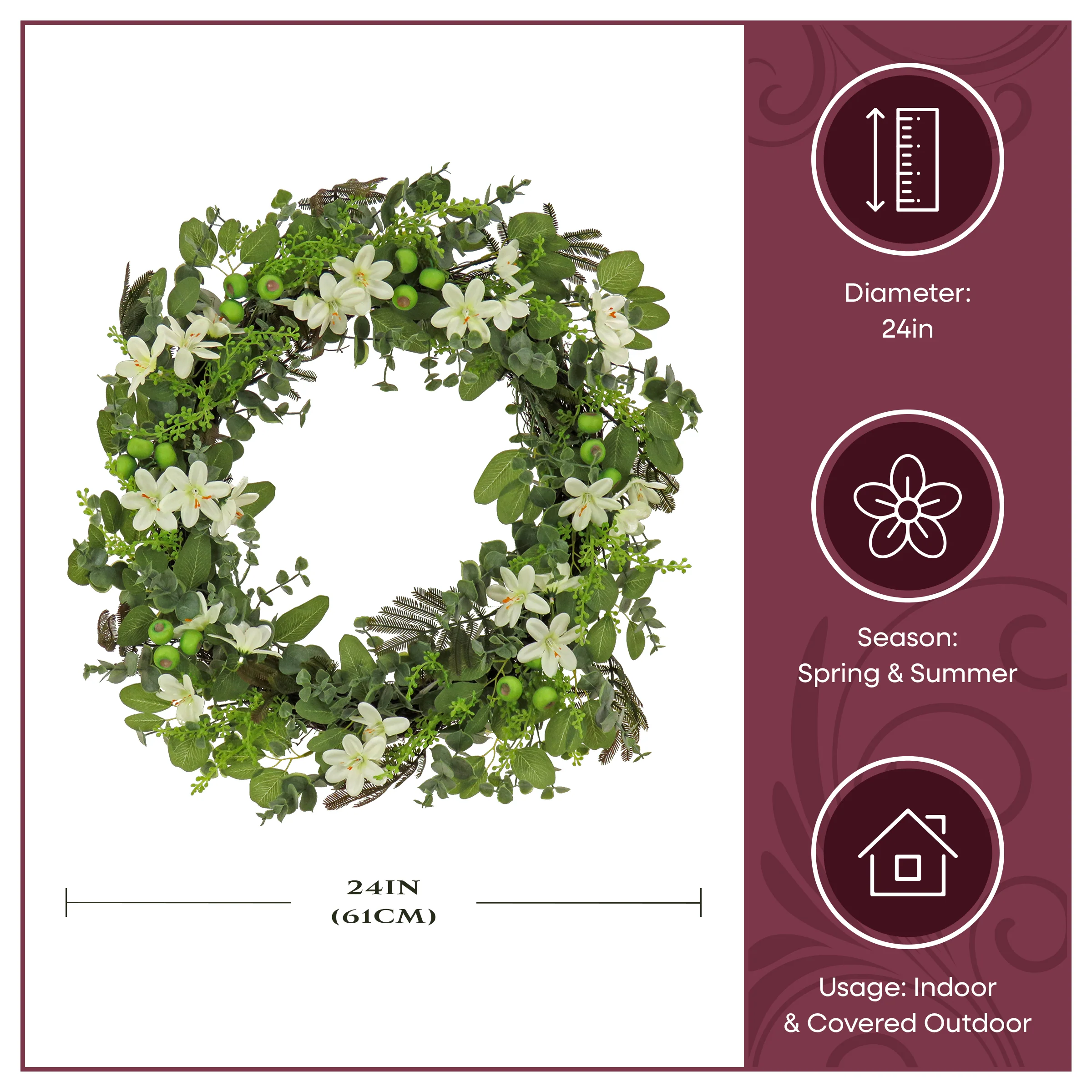 24 in. Spring Wreath with Mixed Flower Blooms and Flowing Green Stems - Image 9