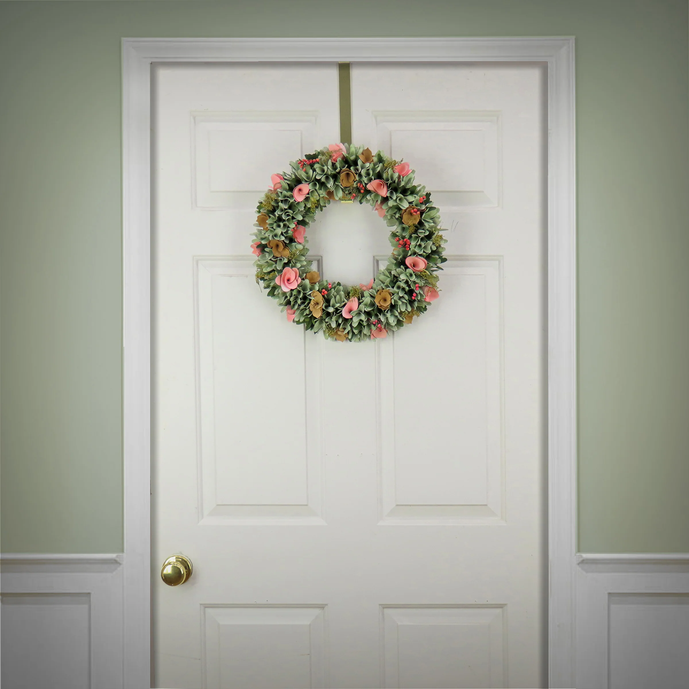 18 in. Spring Wreath with Pink and Brown Assorted Wood Cut Flowers, Flowing Green Leaves - Image 2