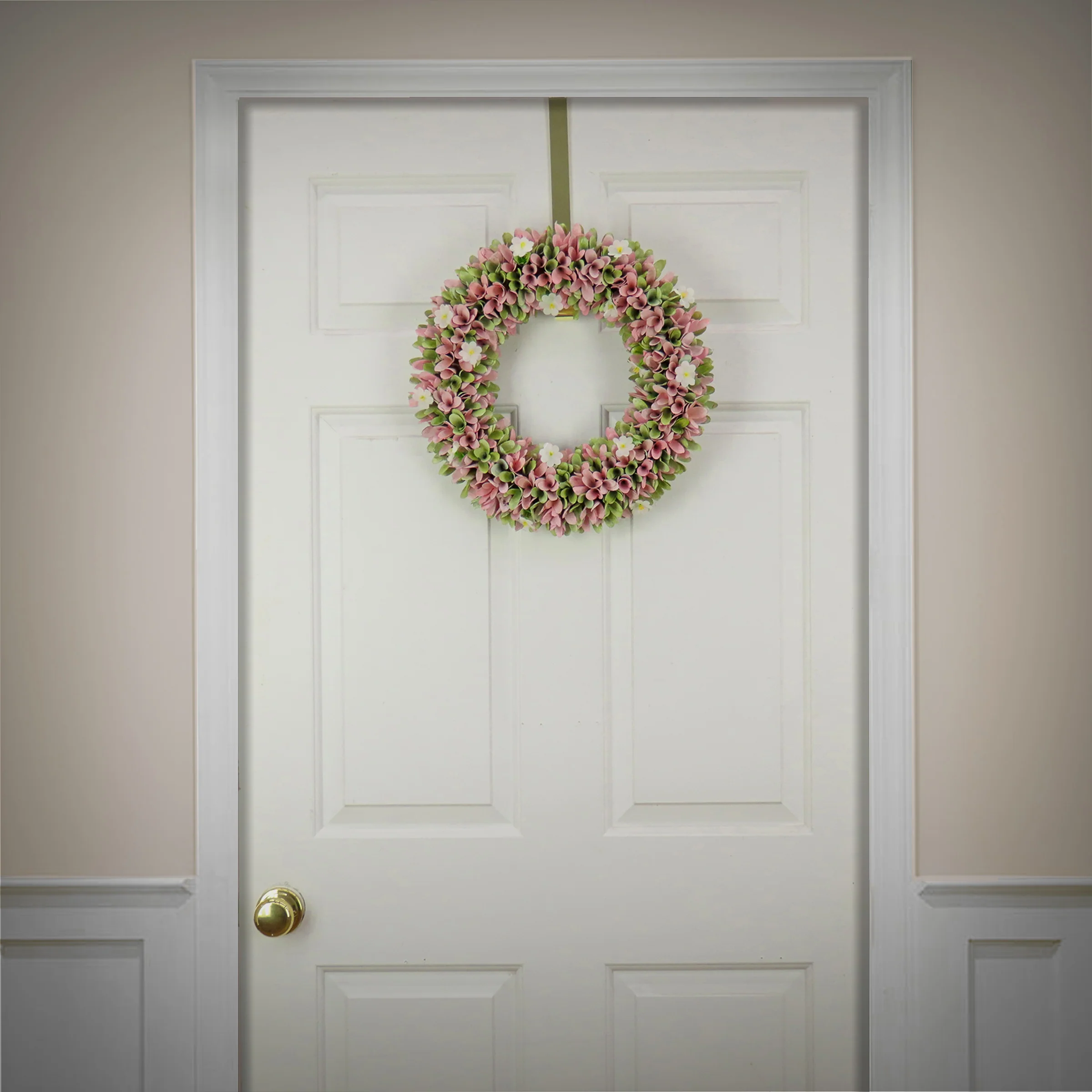 18 in. Spring Wreath with Pink and Green Assorted Wood Cut Flowers, Flowing Green Leaves - Image 2