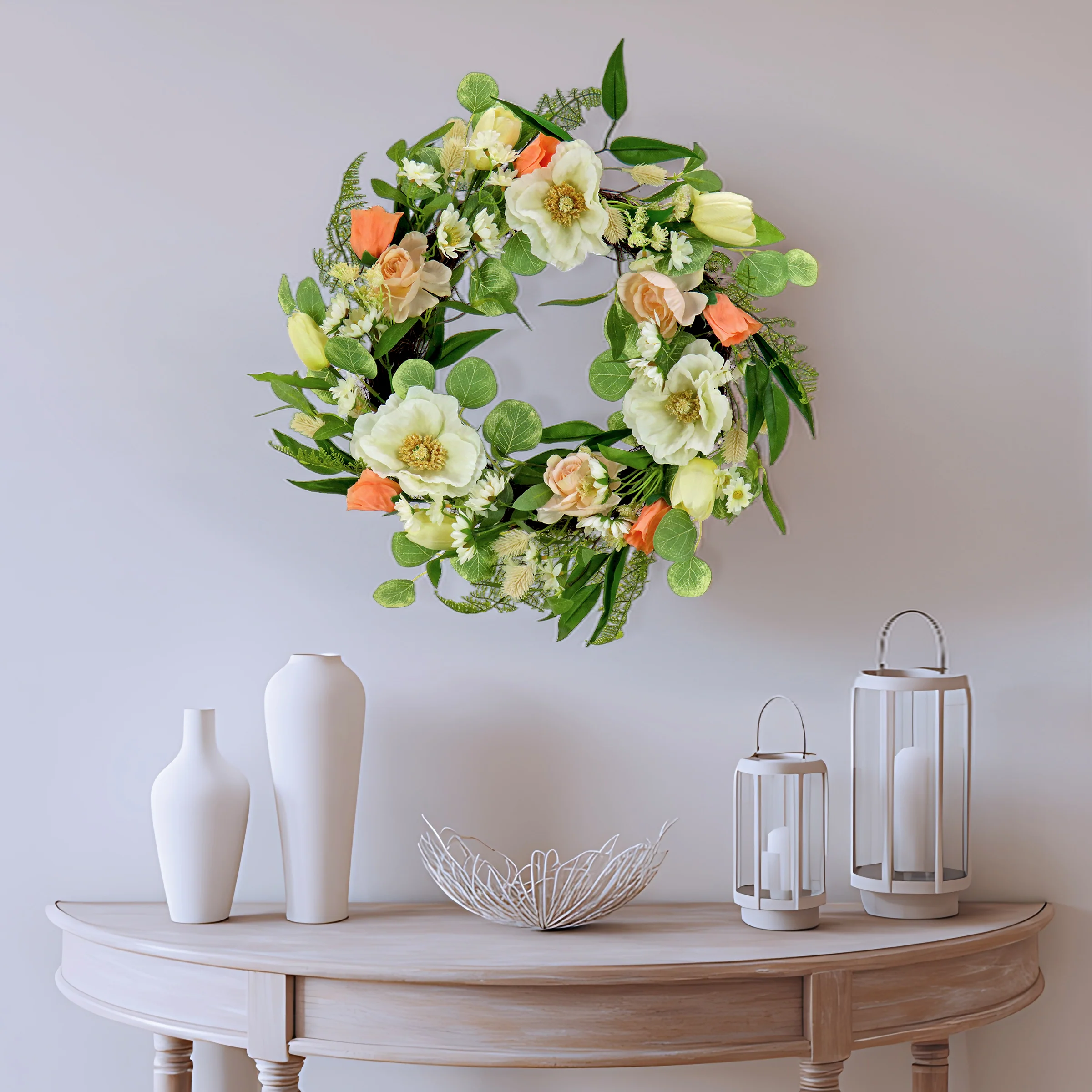 22 in. Spring Wreath with Tulip, Poppy, and Buttercup Blooms - Image 2