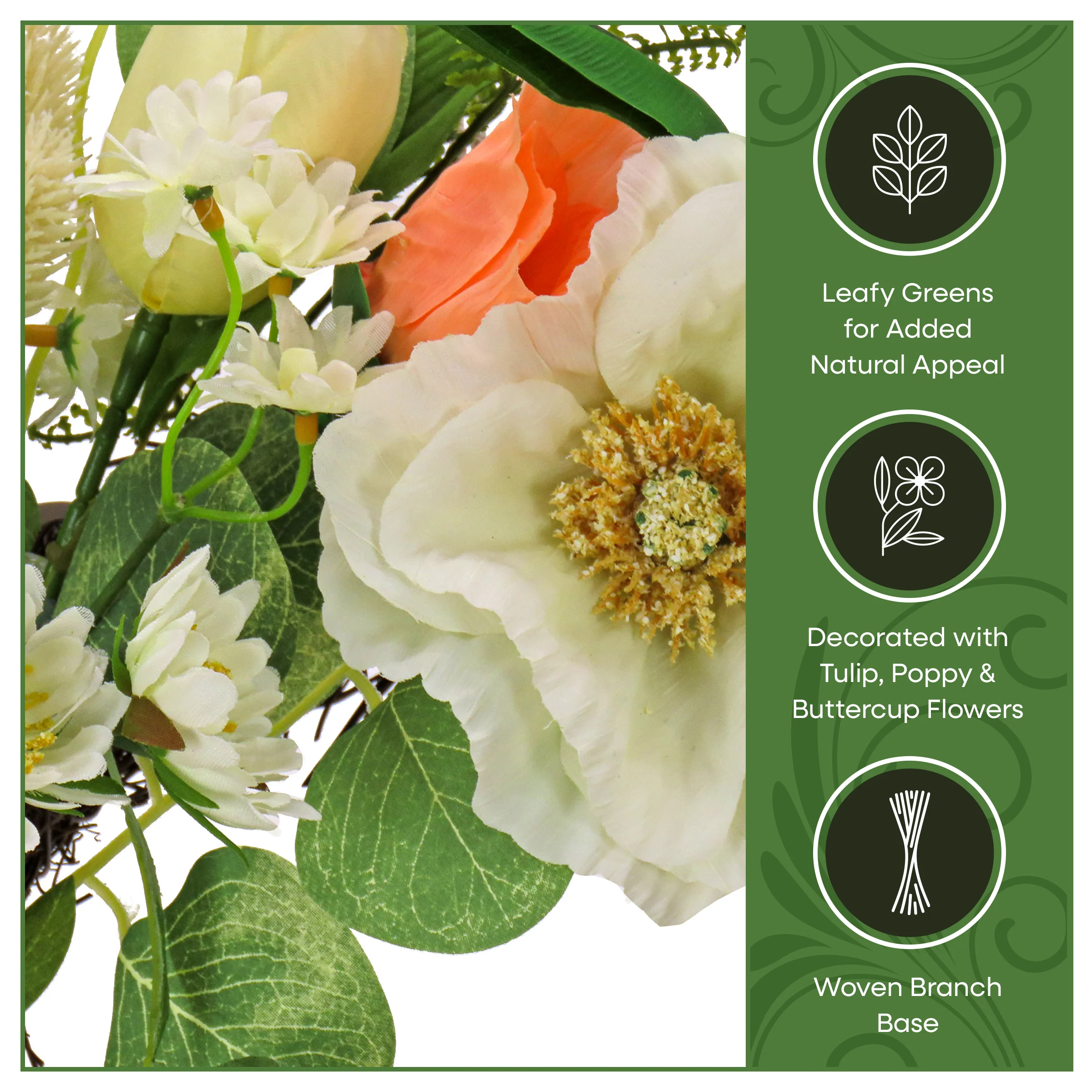 22 in. Spring Wreath with Tulip, Poppy, and Buttercup Blooms - Image 7