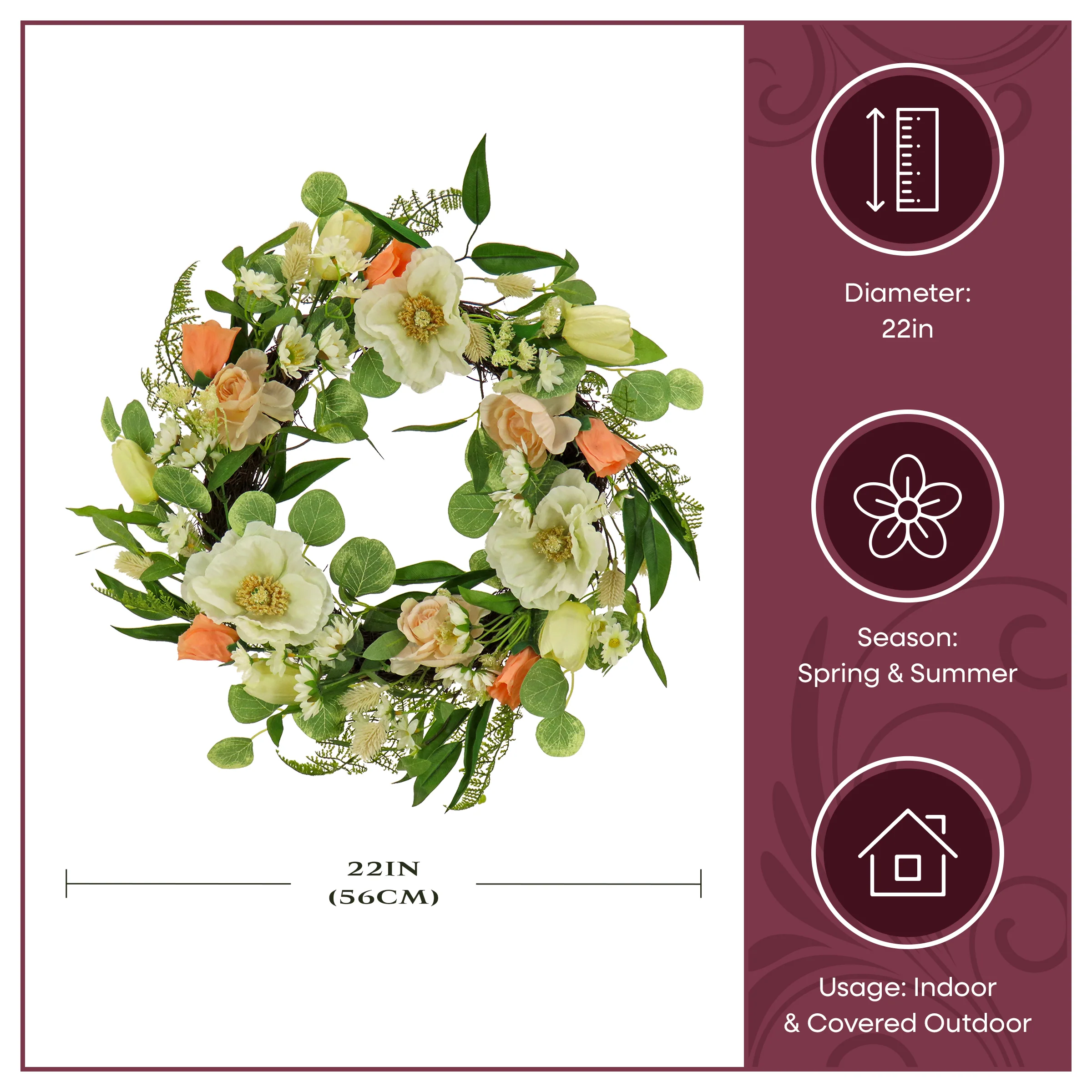 22 in. Spring Wreath with Tulip, Poppy, and Buttercup Blooms - Image 9