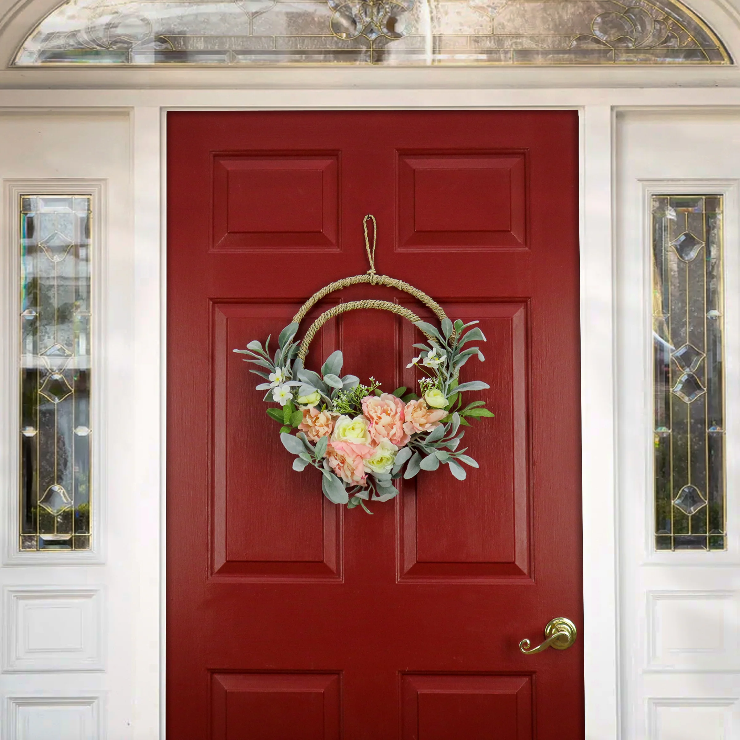 18 in. Spring Double Hoop Wreath with Peony, Rose, and Lamb's Ear Flower Blooms - Image 2