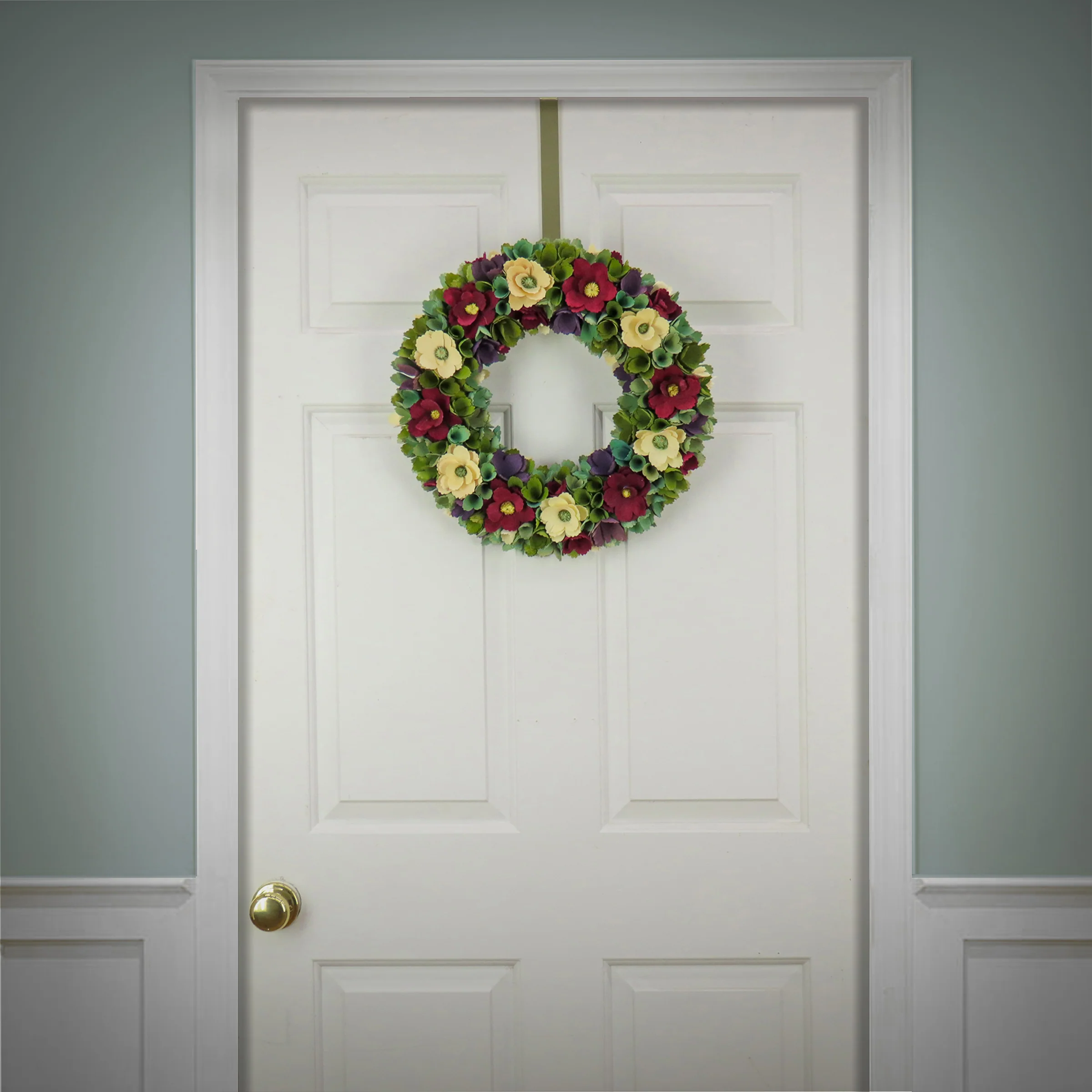 18 in. Spring Wreath with Red and Cream Assorted Wood Cut Flowers, Flowing Green Leaves - Image 2