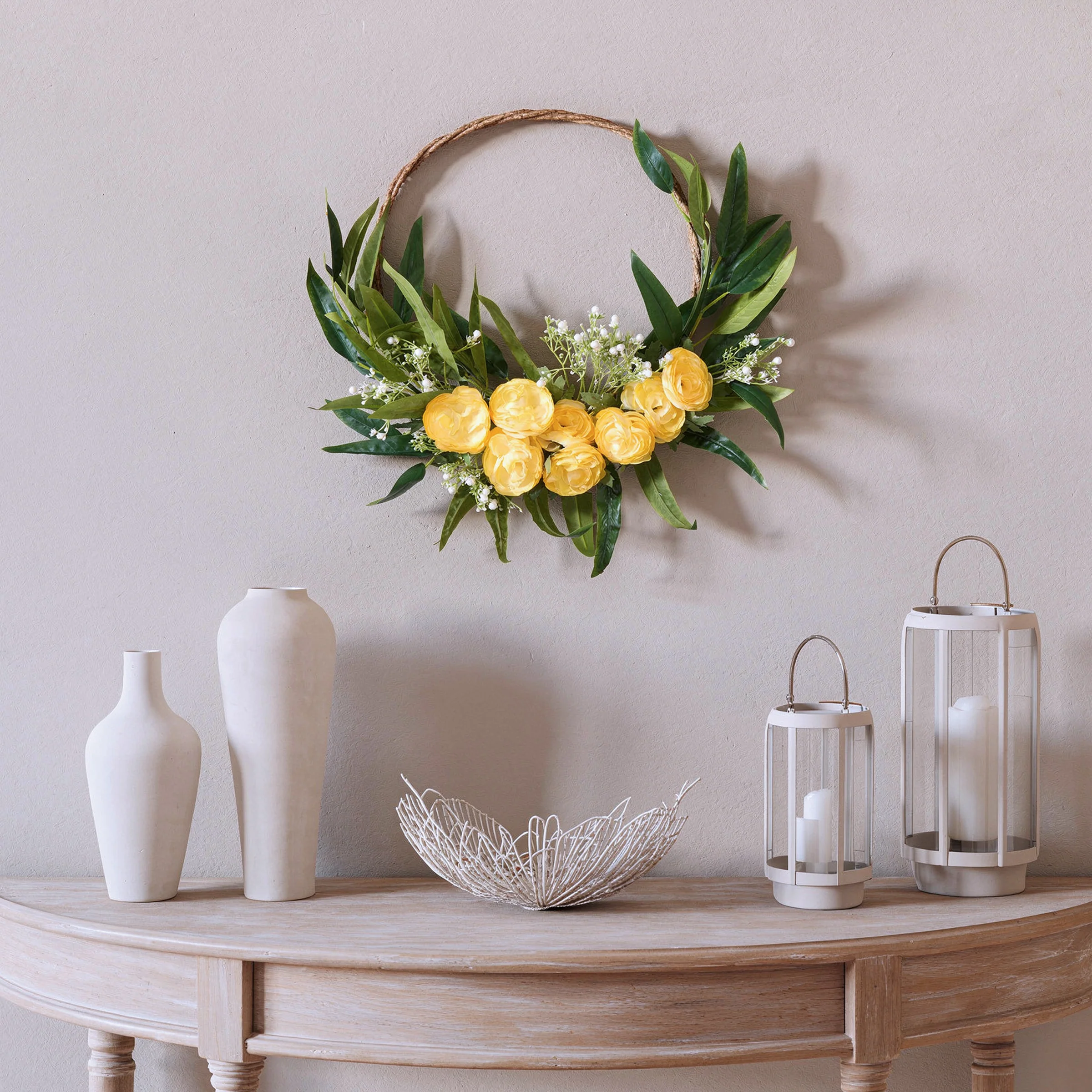 16 in. Spring Hoop Wreath with Buttercup Blooms, Baby’s Breath, and Flowing Green Stems - Image 2