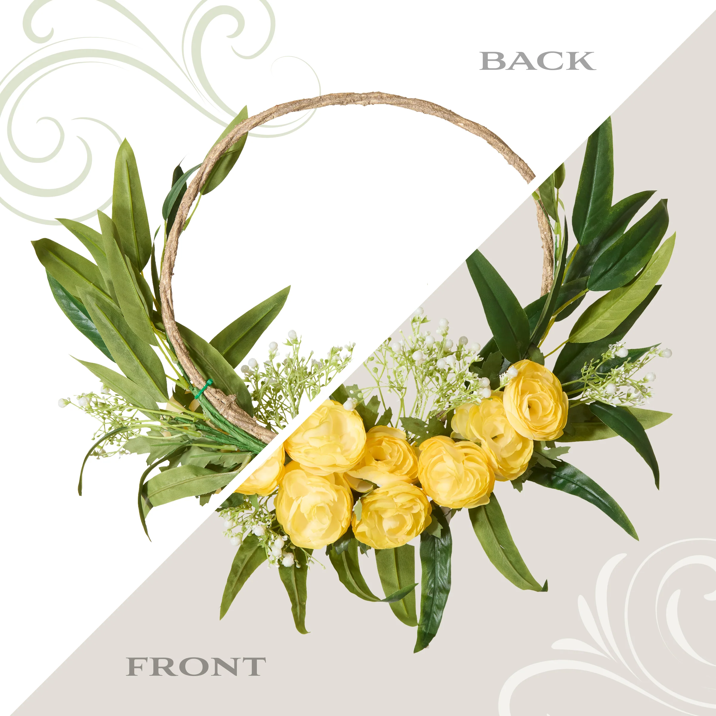 16 in. Spring Hoop Wreath with Buttercup Blooms, Baby’s Breath, and Flowing Green Stems - Image 4