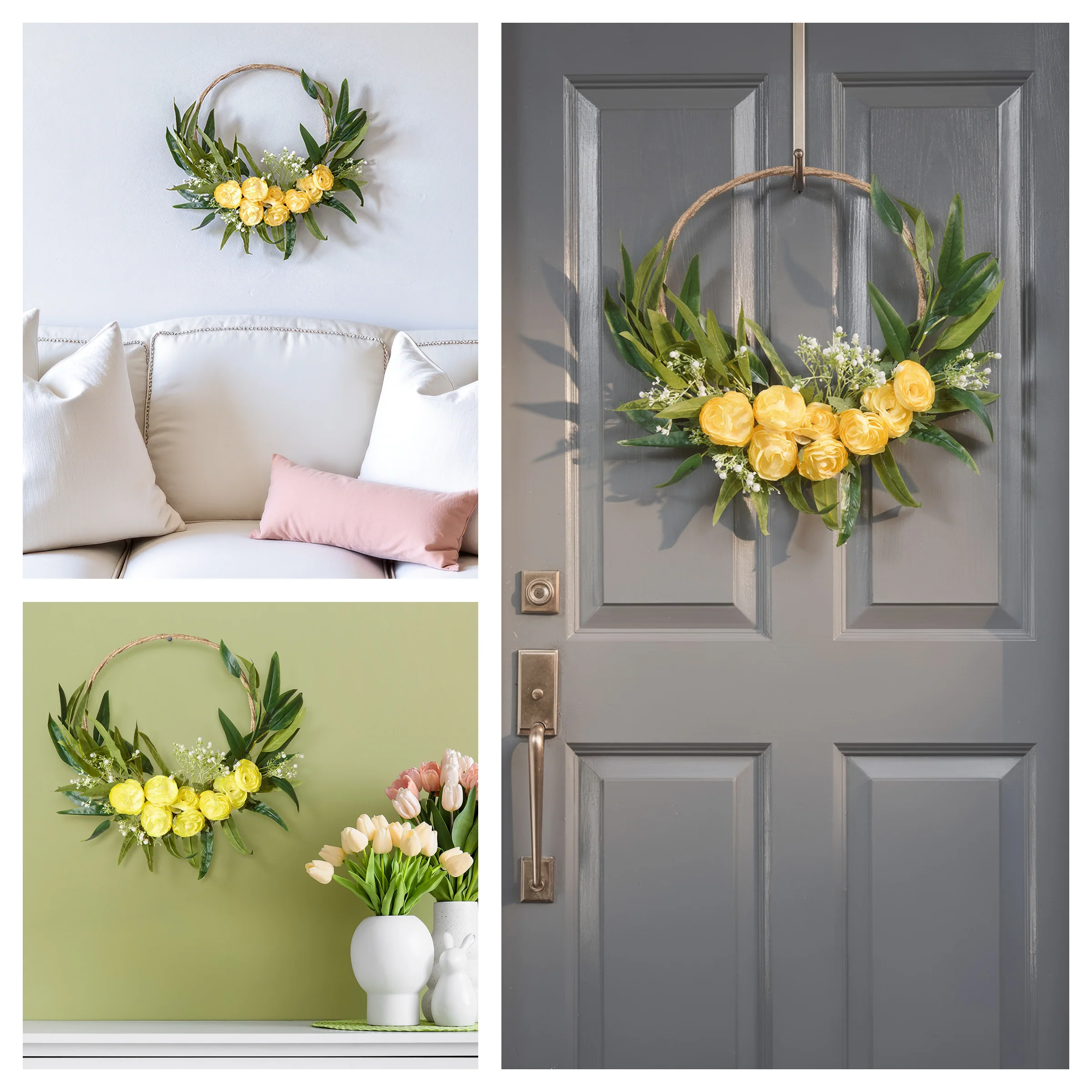 16 in. Spring Hoop Wreath with Buttercup Blooms, Baby’s Breath, and Flowing Green Stems - Image 6