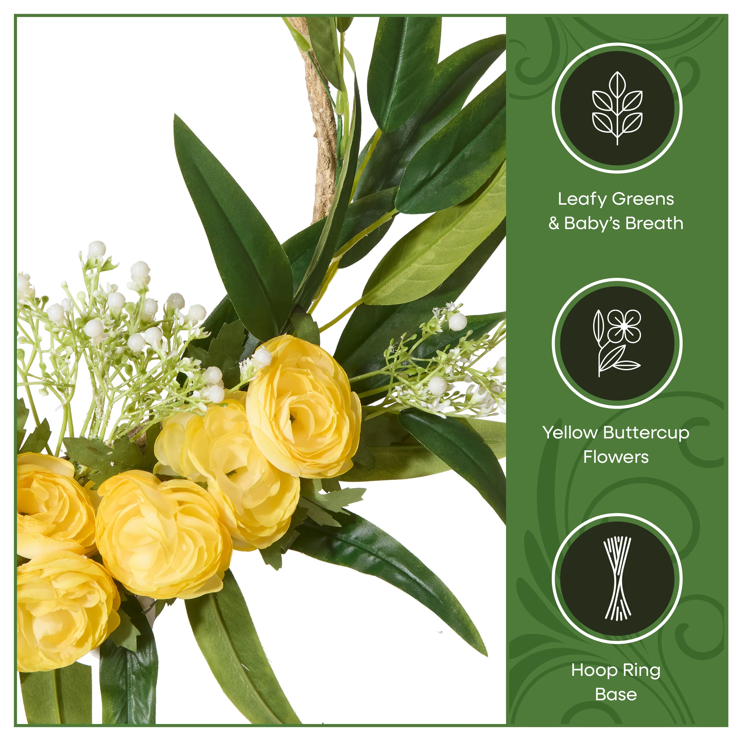 16 in. Spring Hoop Wreath with Buttercup Blooms, Baby’s Breath, and Flowing Green Stems - Image 7