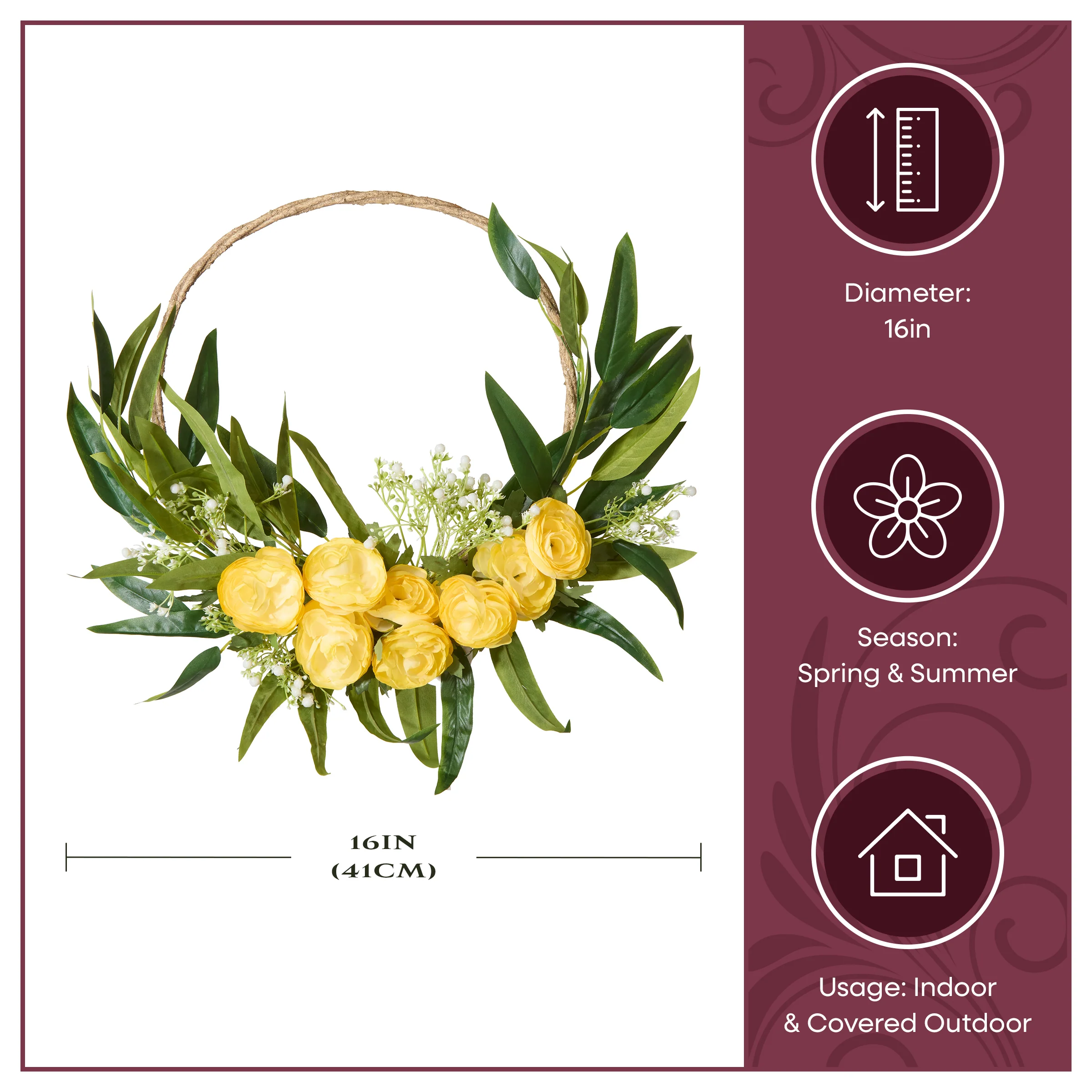 16 in. Spring Hoop Wreath with Buttercup Blooms, Baby’s Breath, and Flowing Green Stems - Image 9