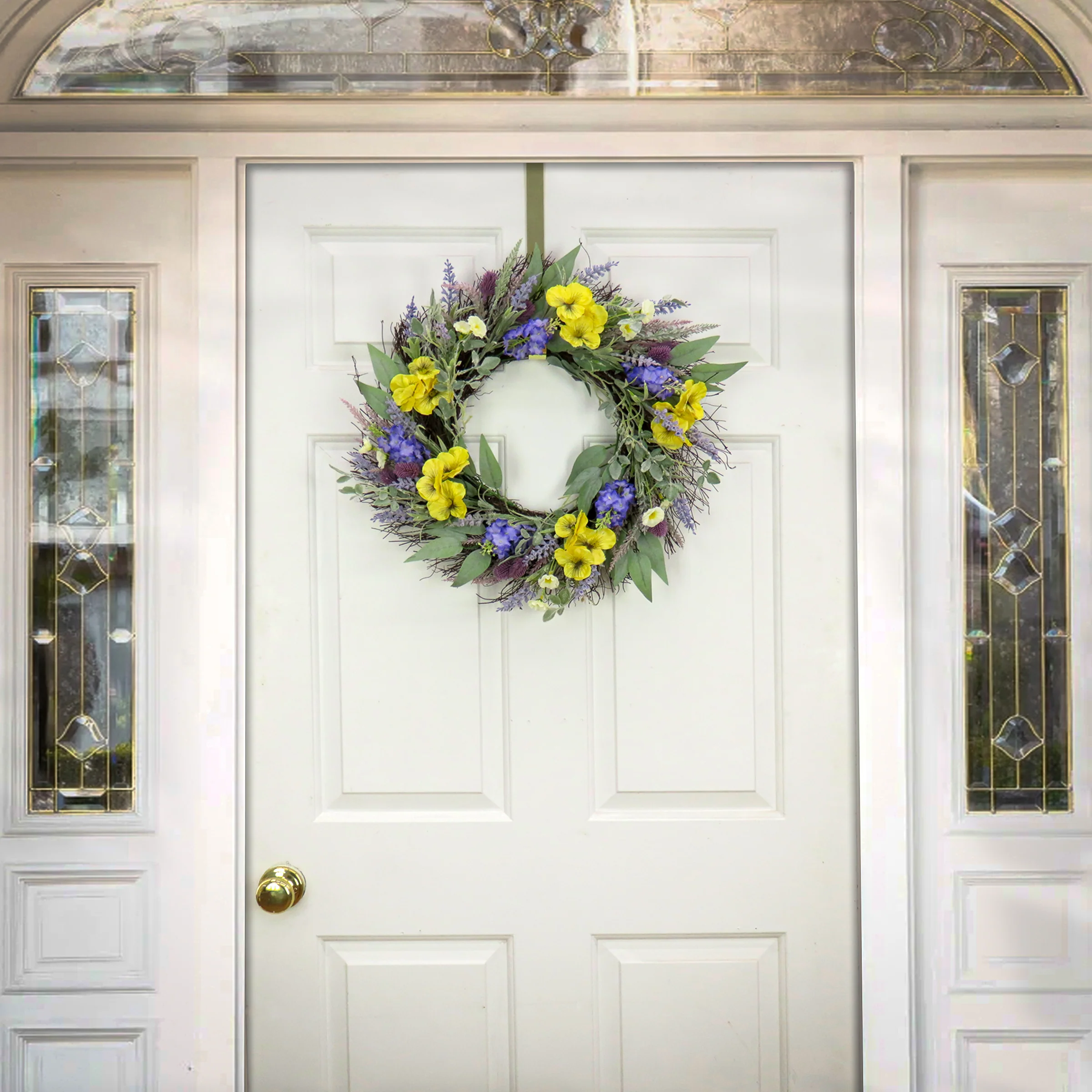 22 in. Spring Wreath with  Pansy Blooms, Lavender, and Assorted Blossoms - Image 2