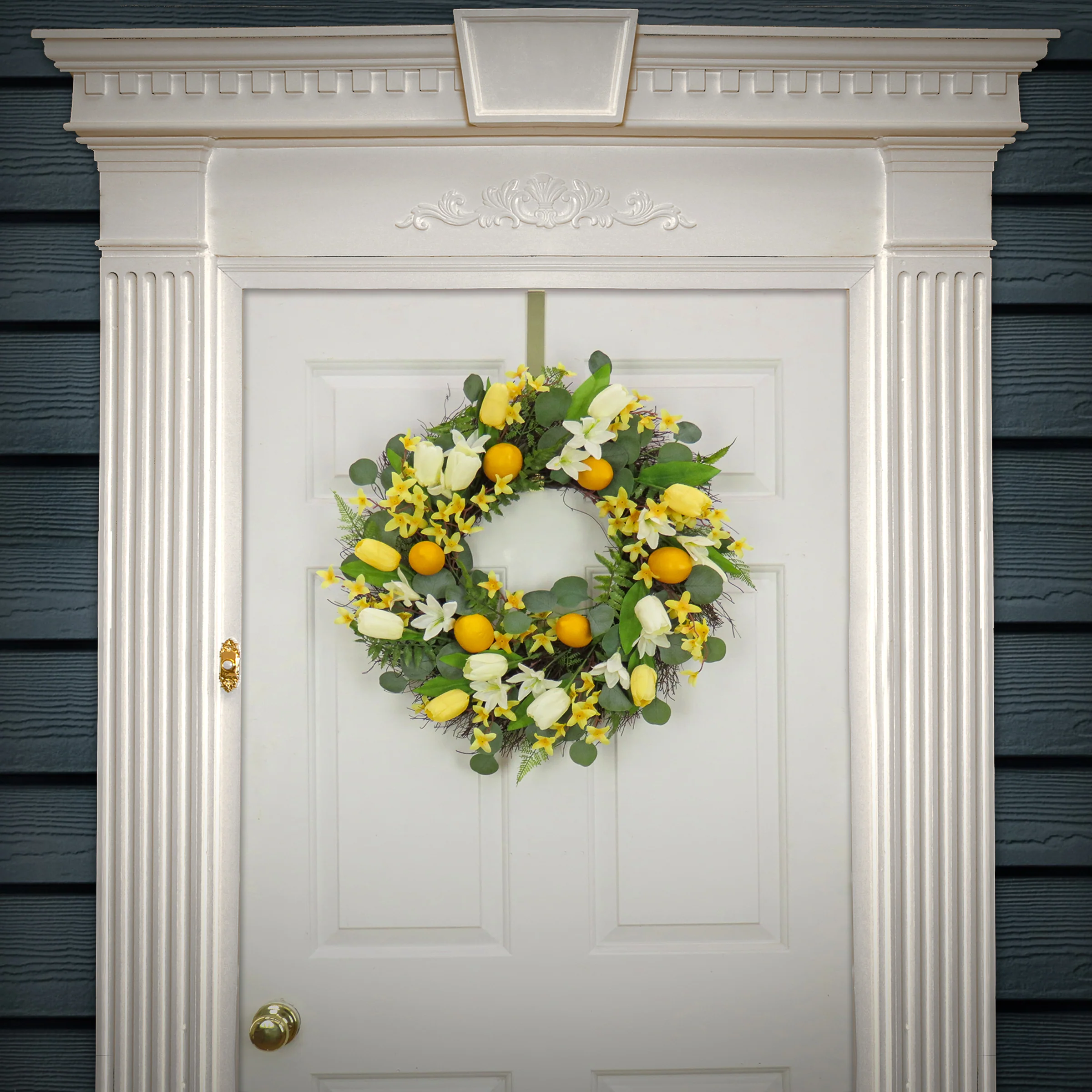 22 in. Spring Wreath with Yellow Tulip Blooms, Lemons, and Forsythia Flower Blossoms - Image 2