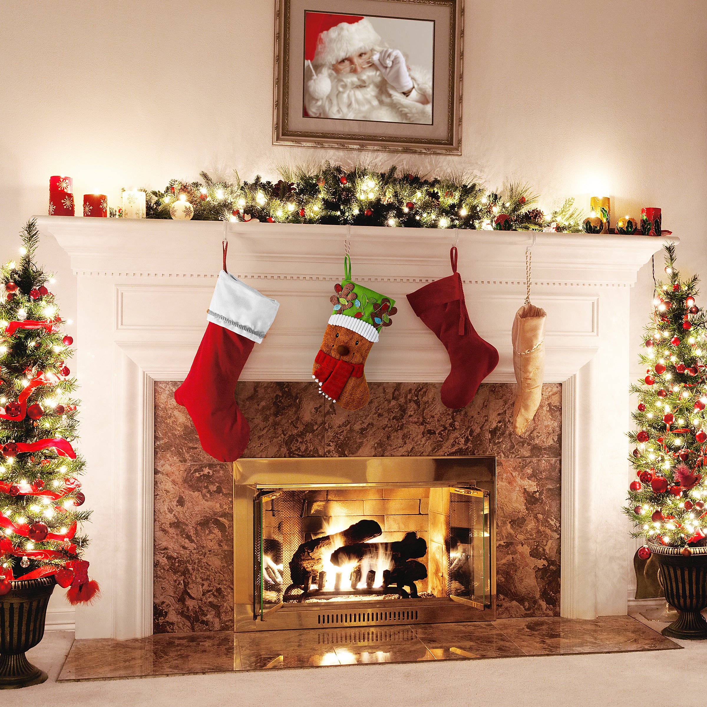 20 in. Be Merry Collection Novelty Teddy Bear Christmas Stocking, Red Scarf and Green Hat - Image 2
