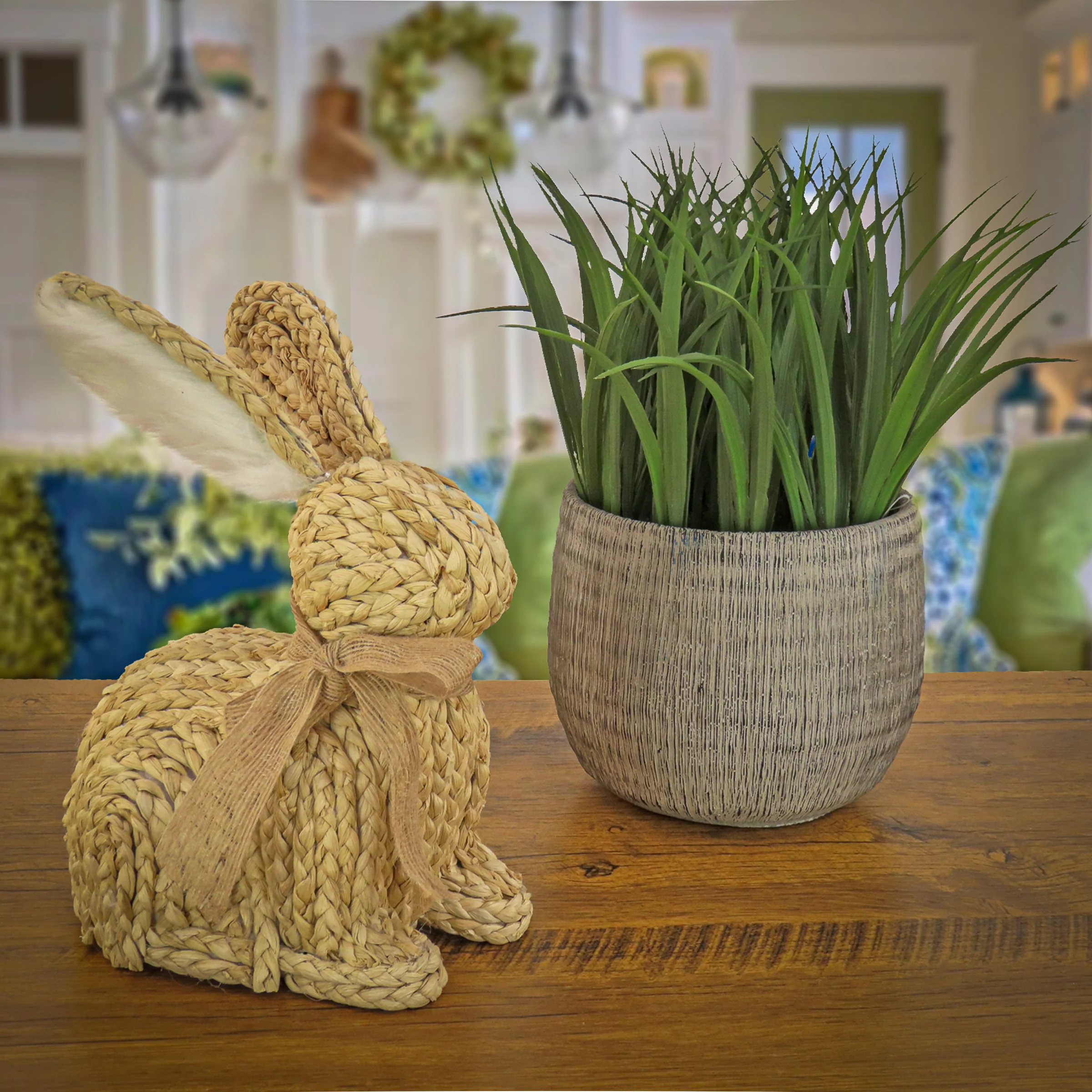 9 in. Braided Bunny Table Decoration Decorated with Woven Ribbon - Image 2