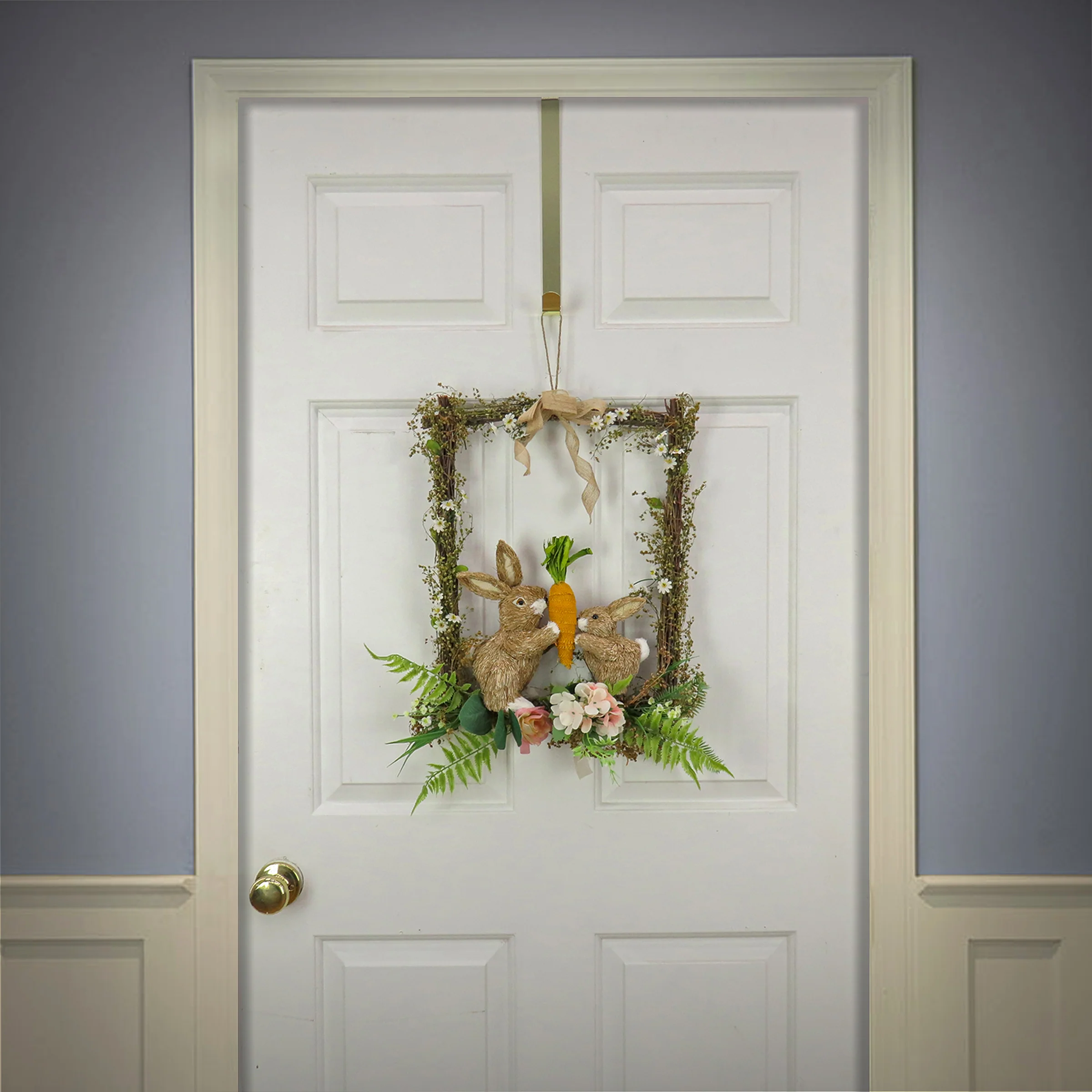 14 in. Easter Bunnies Hanging Wall Decoration Decorated with Two Bunnies, Carrots, Flower Blooms, Leafy Greens - Image 2