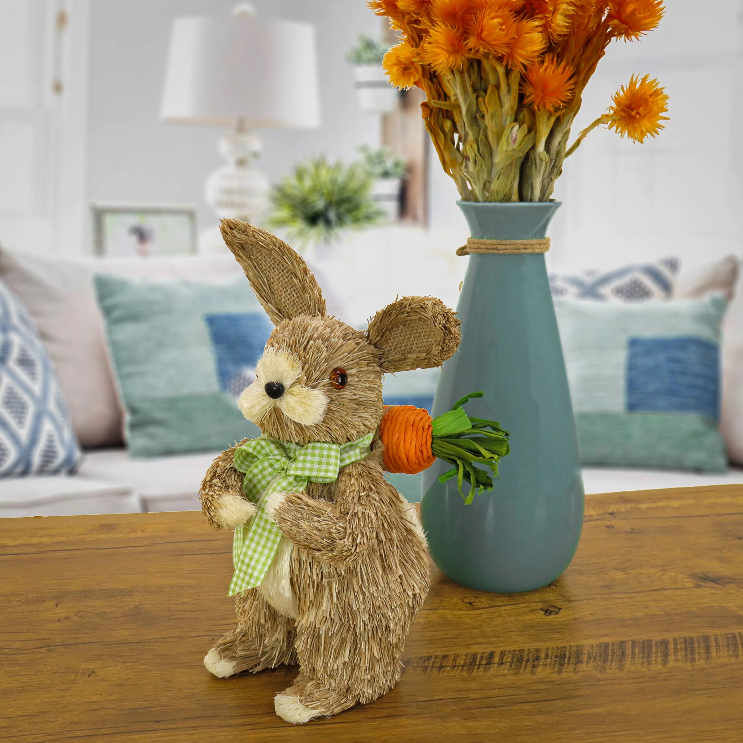 10 in. Easter Bunny with Carrot Table Decoration Decorated with Checkered Green Bow - Image 2