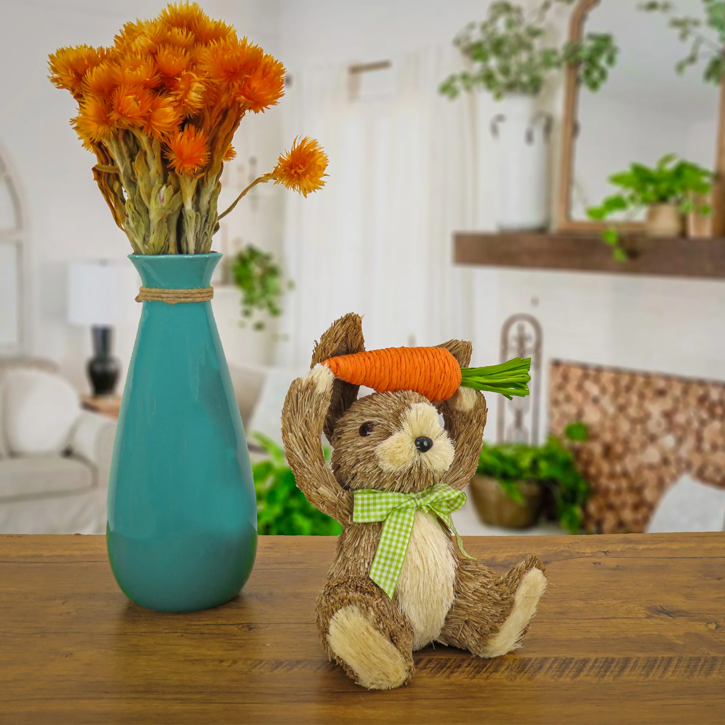 9 in. Easter Bunny with Carrot Table Decoration Decorated with Checkered Green Bow - Image 2