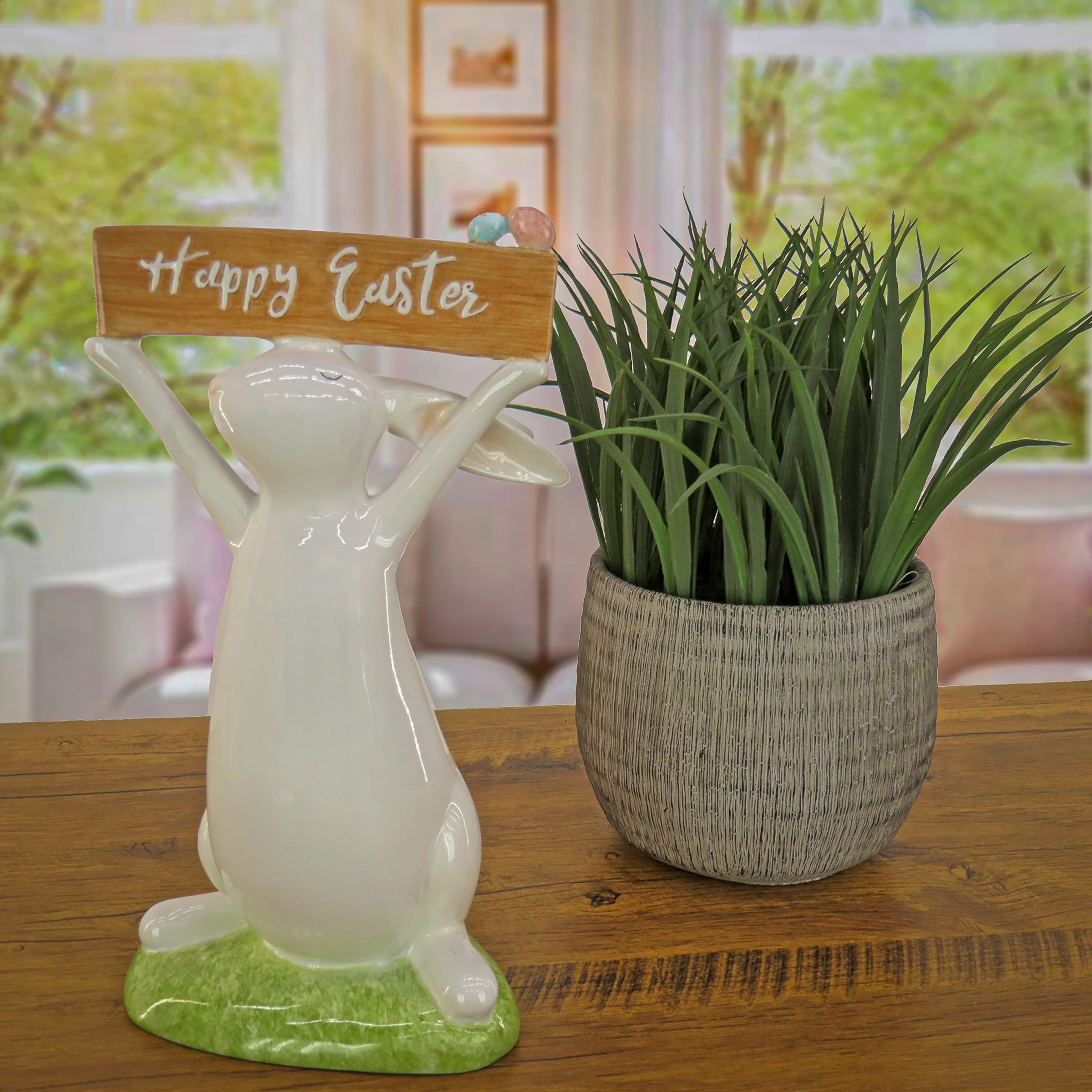 11 in. Easter Bunny Figure Holding "Happy Easter" Sign Table Decoration - Image 2