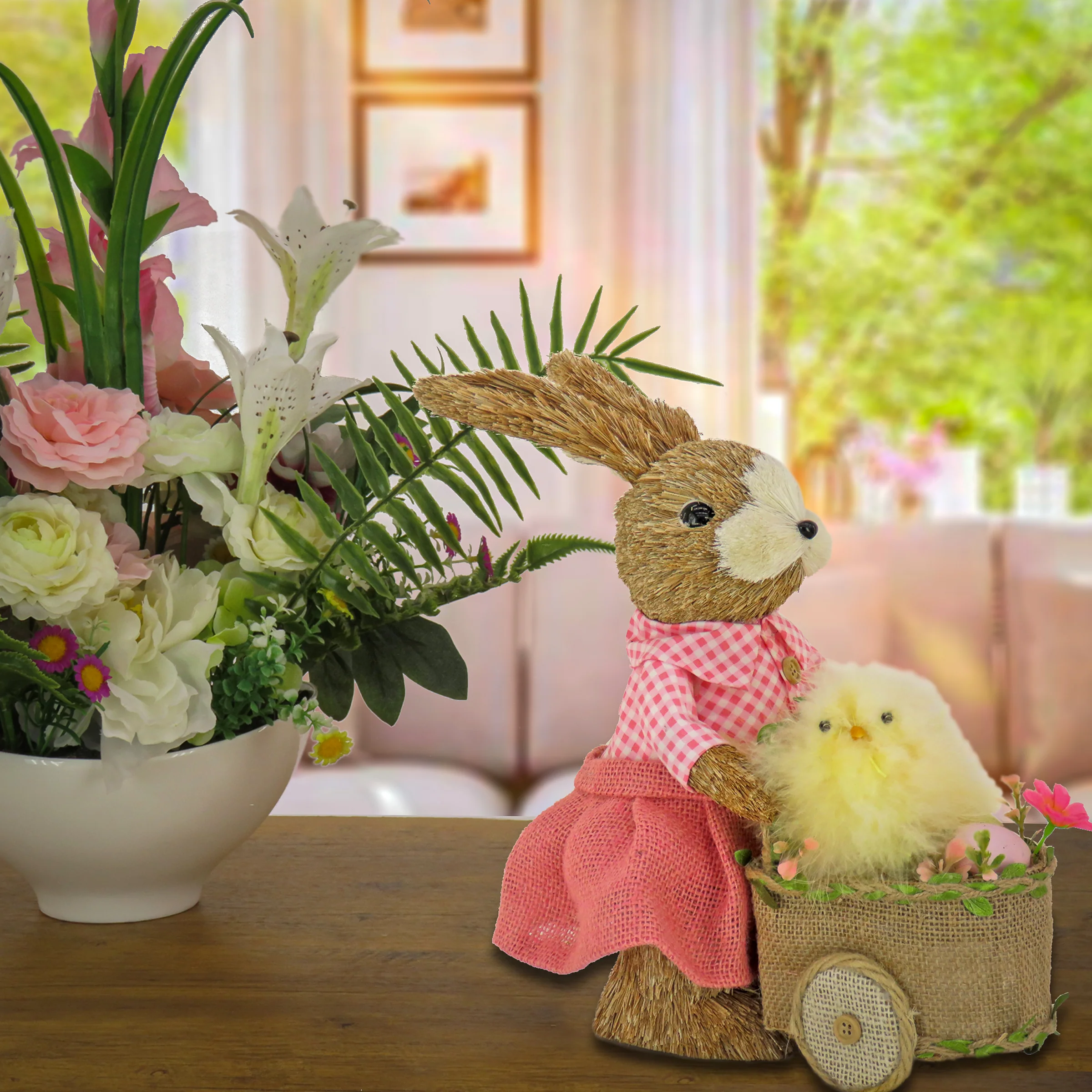 14 in. Pink Easter Bunny Pushing Wheelbarrow Table Decoration Decorated with Pastel Eggs and Chick - Image 2