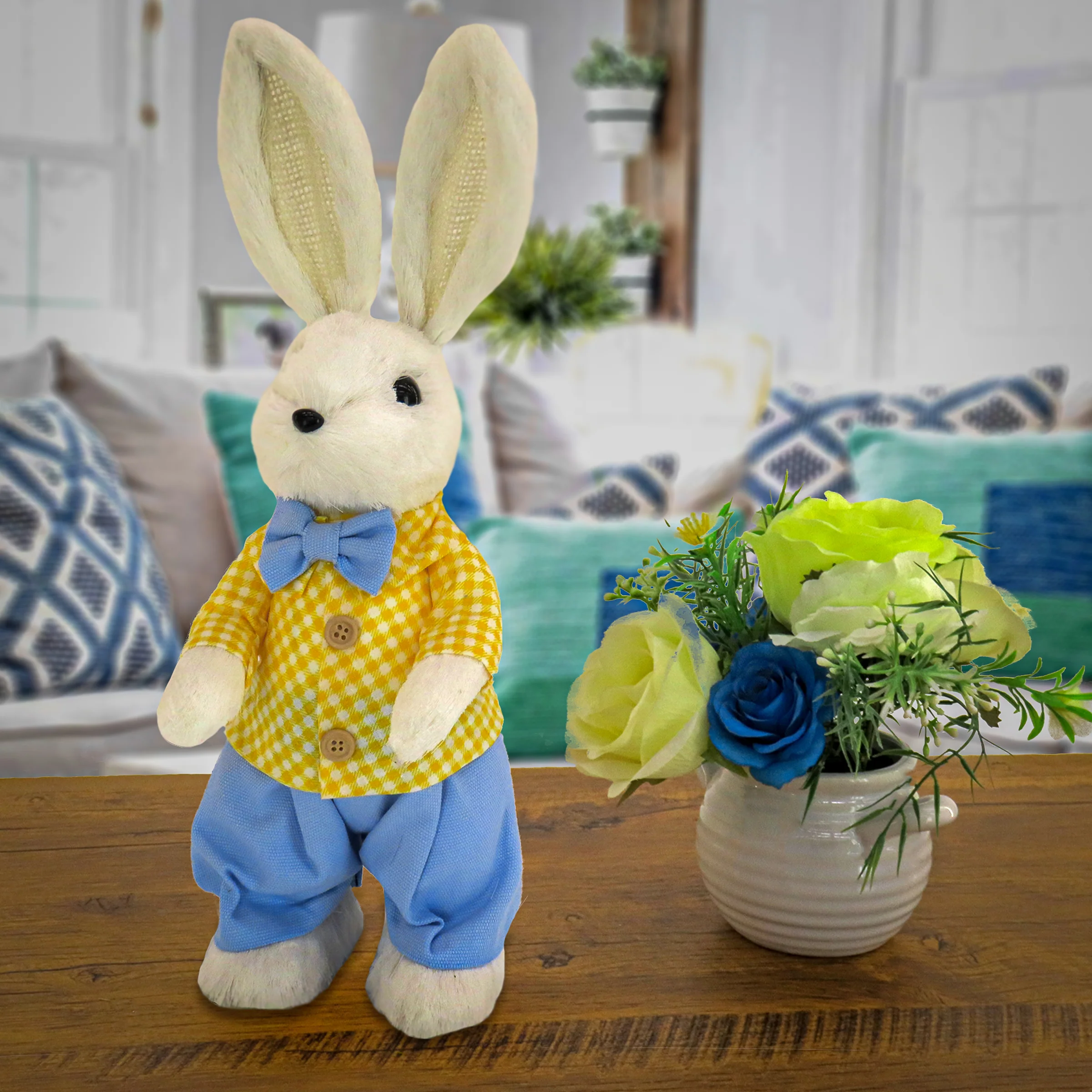14 in. Fluffy Male Easter Bunny with Yellow & Blue Suit Table Decoration - Image 2