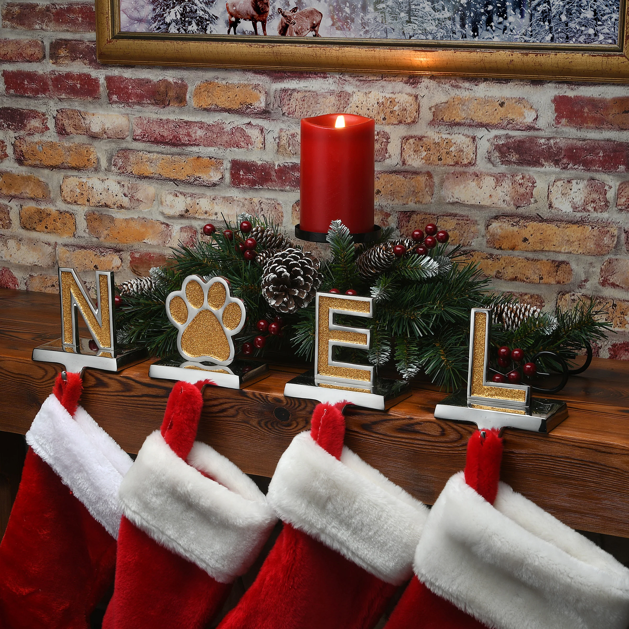 5 in. 4-Piece Gold Sparkle NOEL Christmas Stocking Holders, Gold and Silver with Paw Print - Image 2