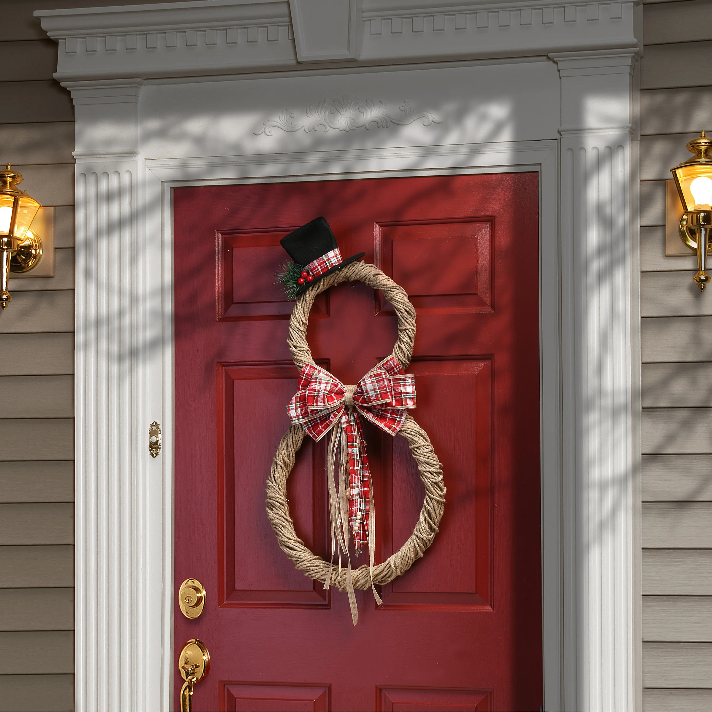 16 in. Jute Snowman Holiday Christmas Wall Decor, Rustic, with Red Plaid Ribbons and Beaded Cords - Image 2