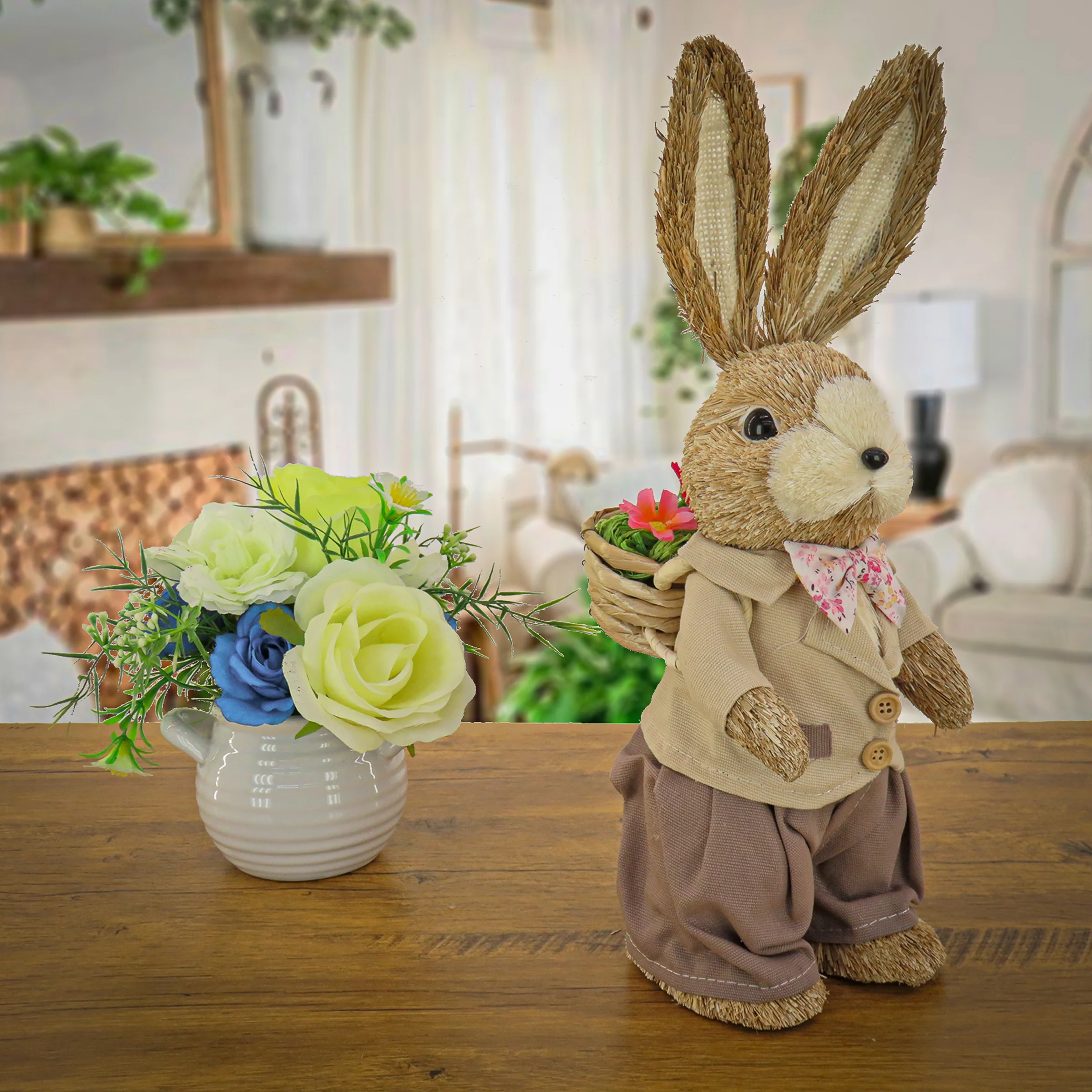 14 in. Dapper Dressed Male Bunny with Floral Bowtie Table Decoration - Image 2